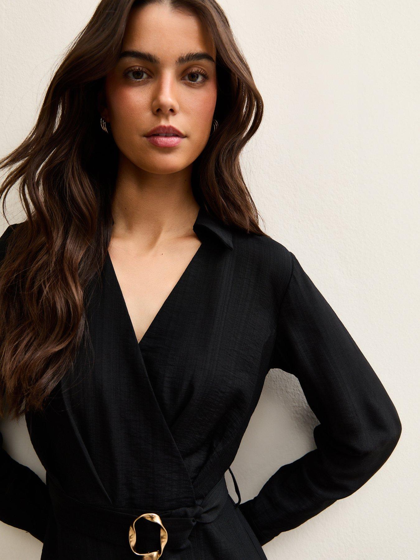 Image 4 of 5 of New Look Belted Wrap Midi Dress - Black