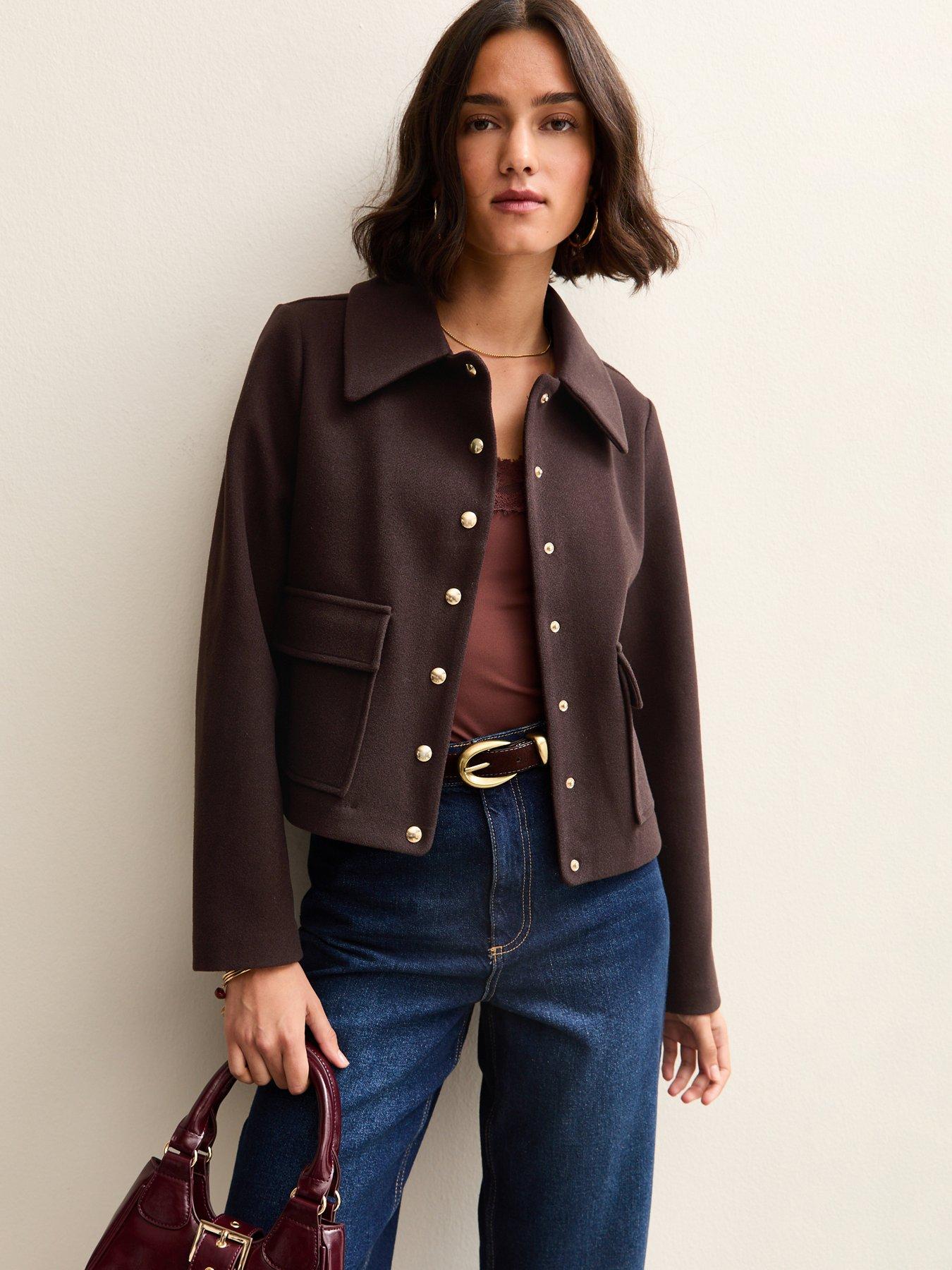 New Look Faux Fur Collar Short Shacket - Brown