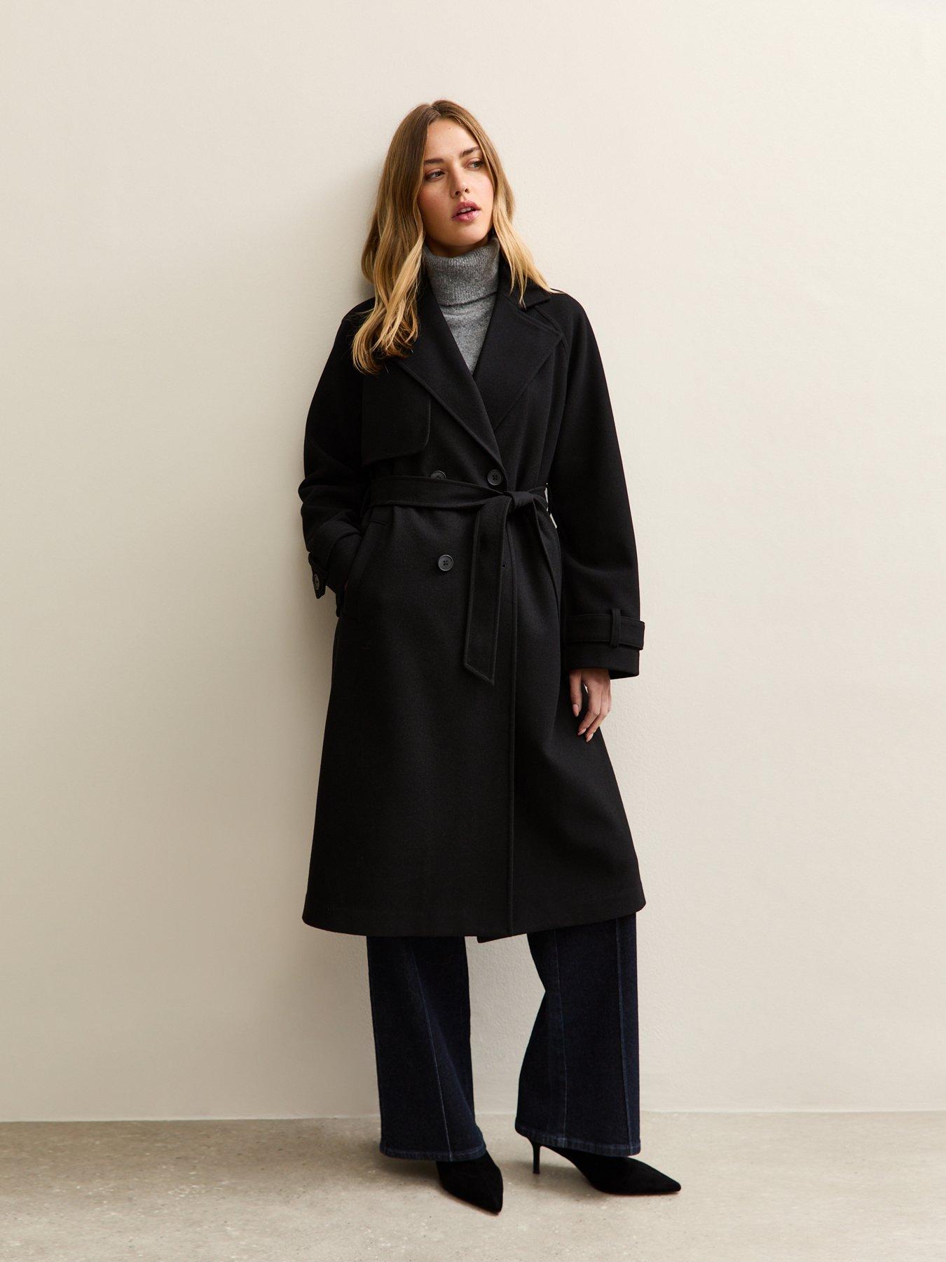 Image 1 of 5 of New Look Brushed Double Breasted Trench Coat - Black