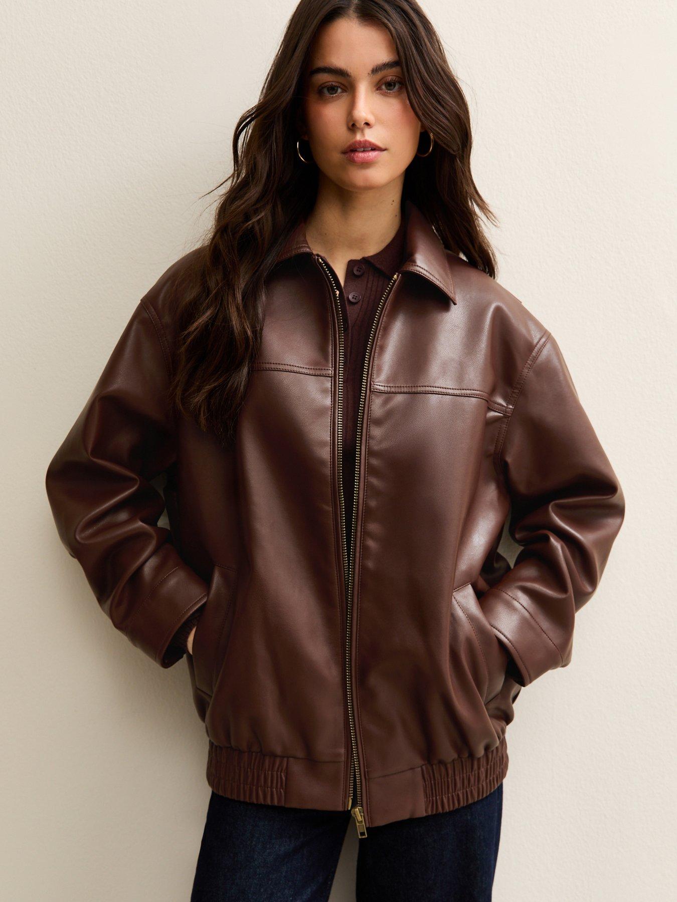 New Look Dark Brown Faux Leather Oversized Bomber Jacket