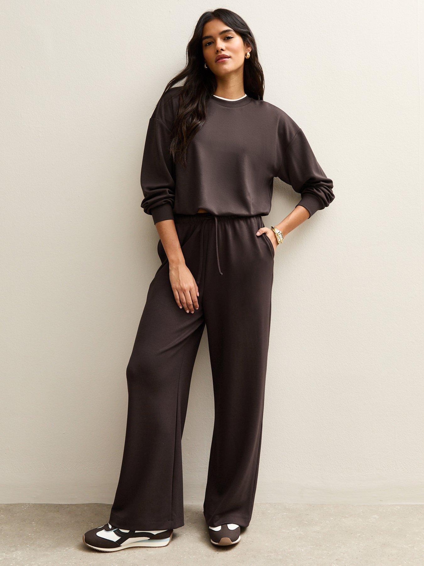 New Look Jersey Wide Leg Drawstring Waist Joggers - Brown