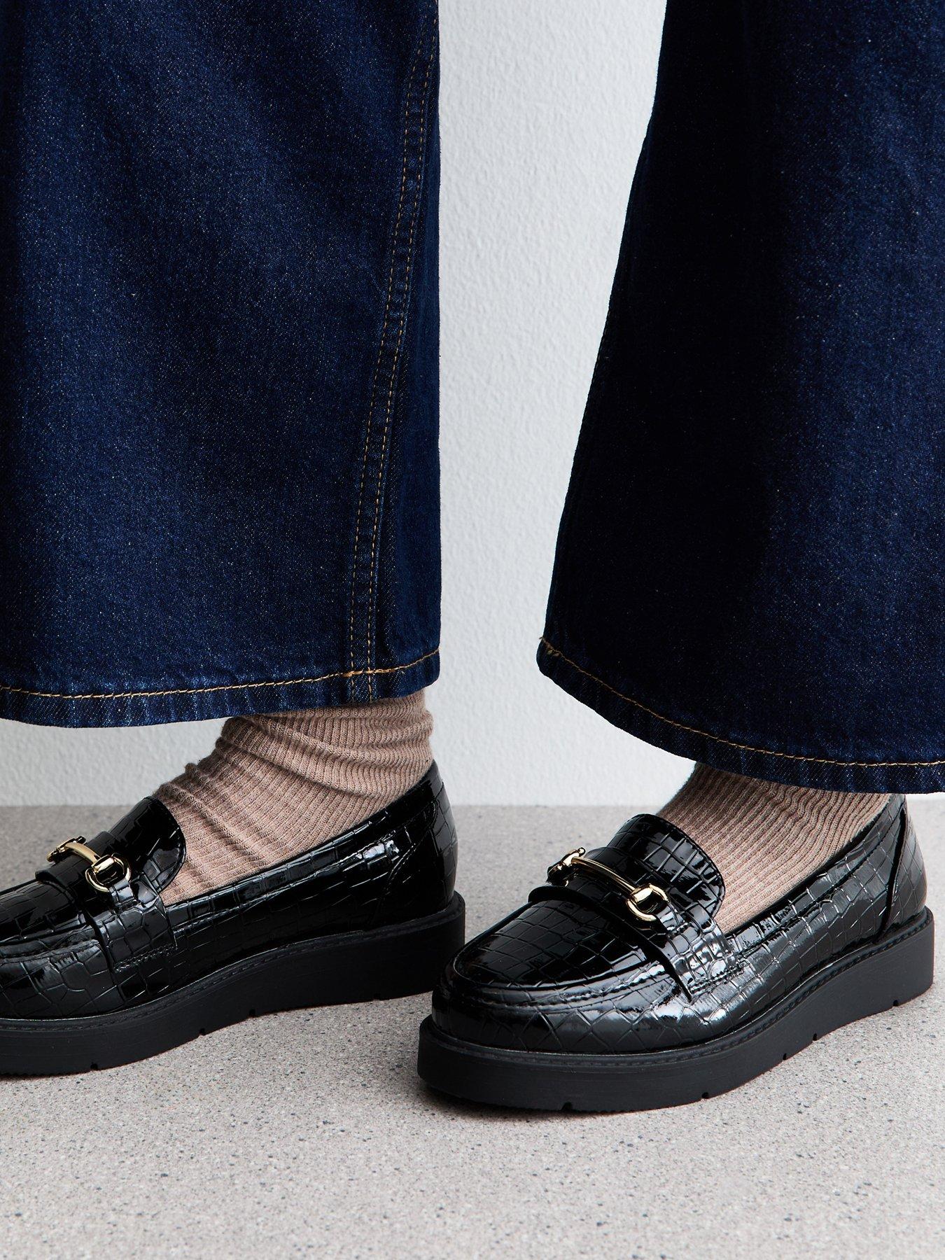 New Look Wide Fit Faux Leather Platform Croc Loafer - Black