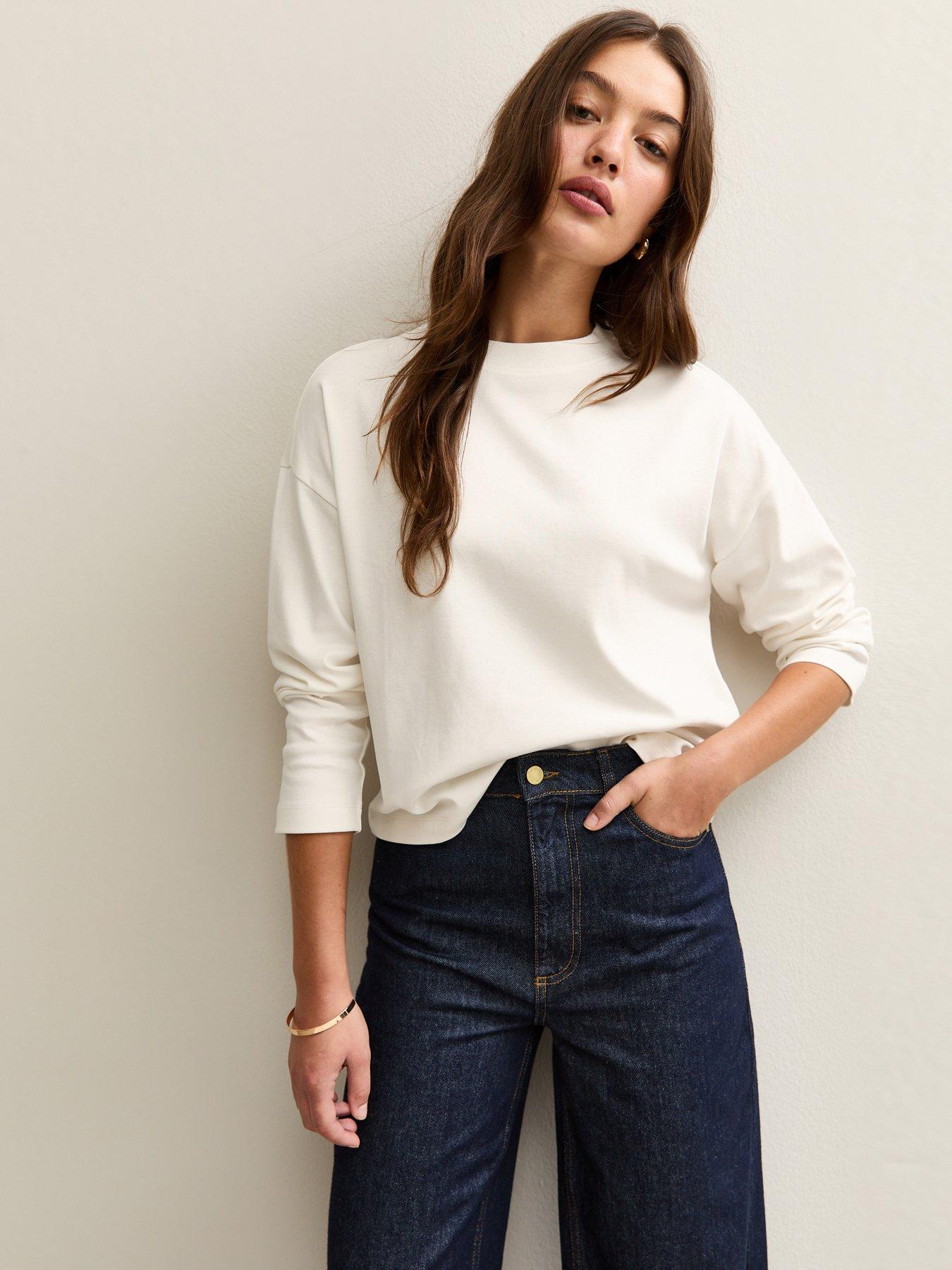 Image 1 of 5 of New Look Off White Premium Cotton Long Sleeve T-shirt