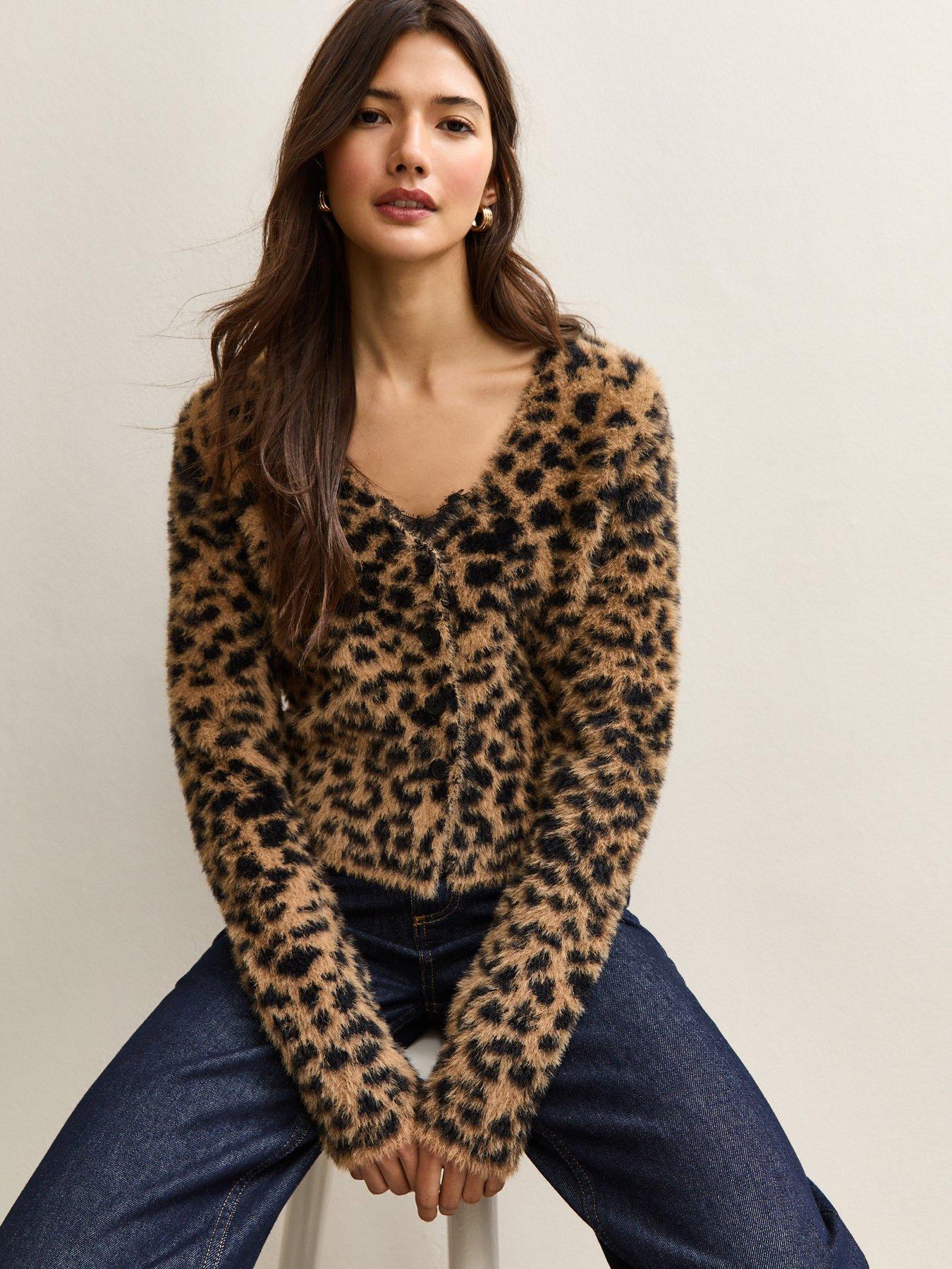 New Look Fluffy Knit Leopard Pattern Cardigan - Brown