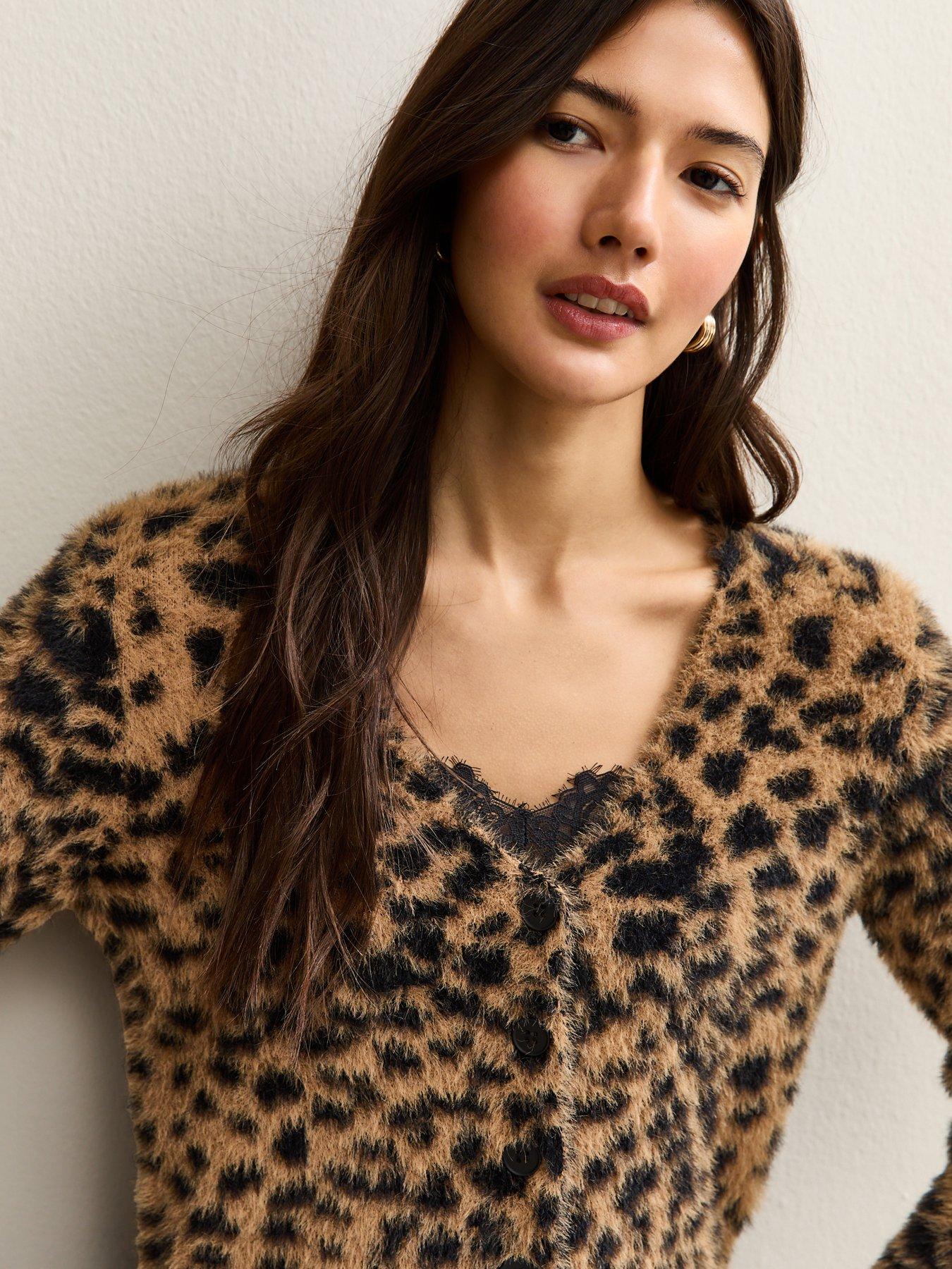 New Look Fluffy Knit Leopard Pattern Cardigan - Brown | Very