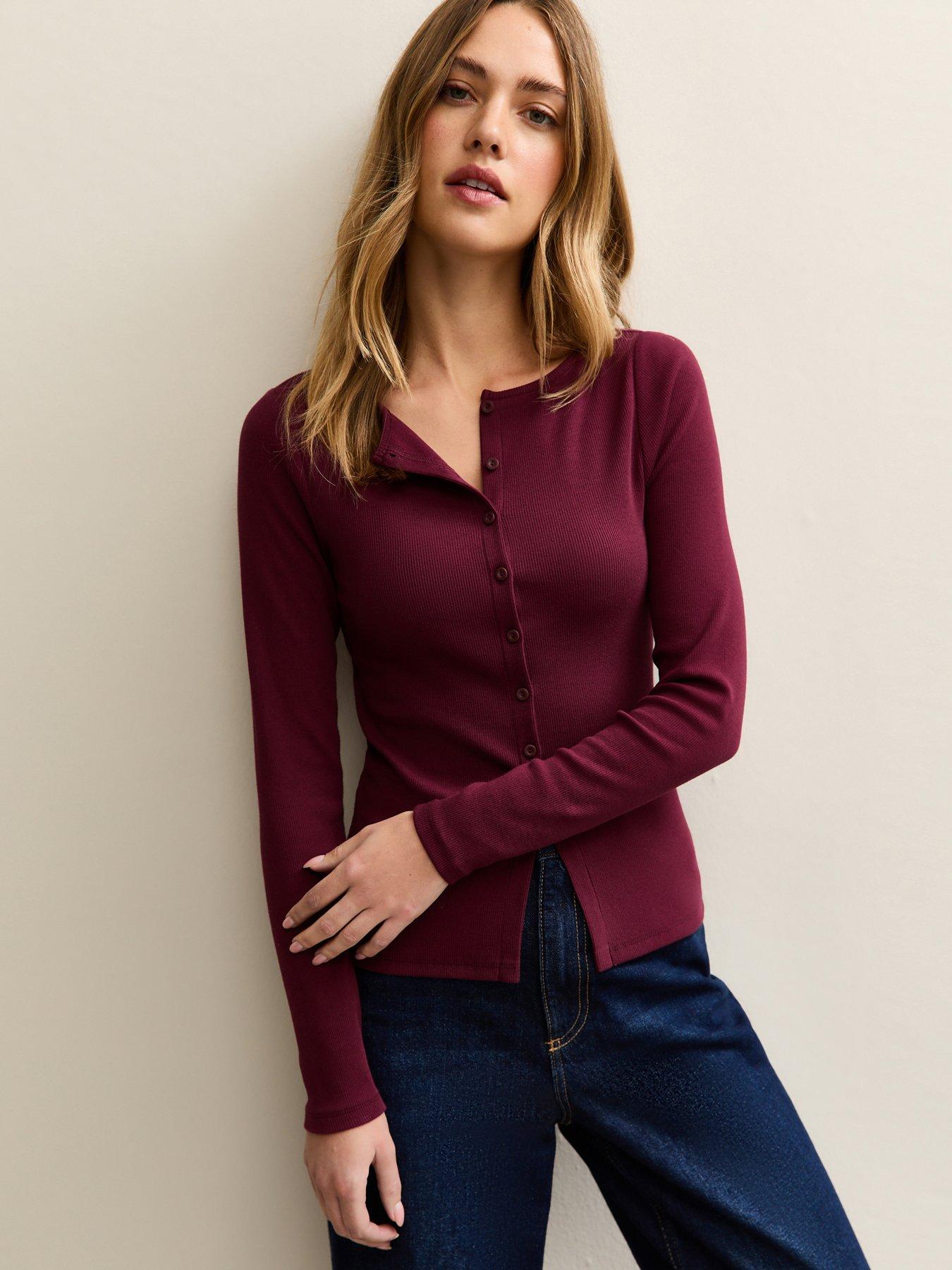 Image 1 of 5 of New Look Dark Burgundy Rib Button Up Long Sleeve Top
