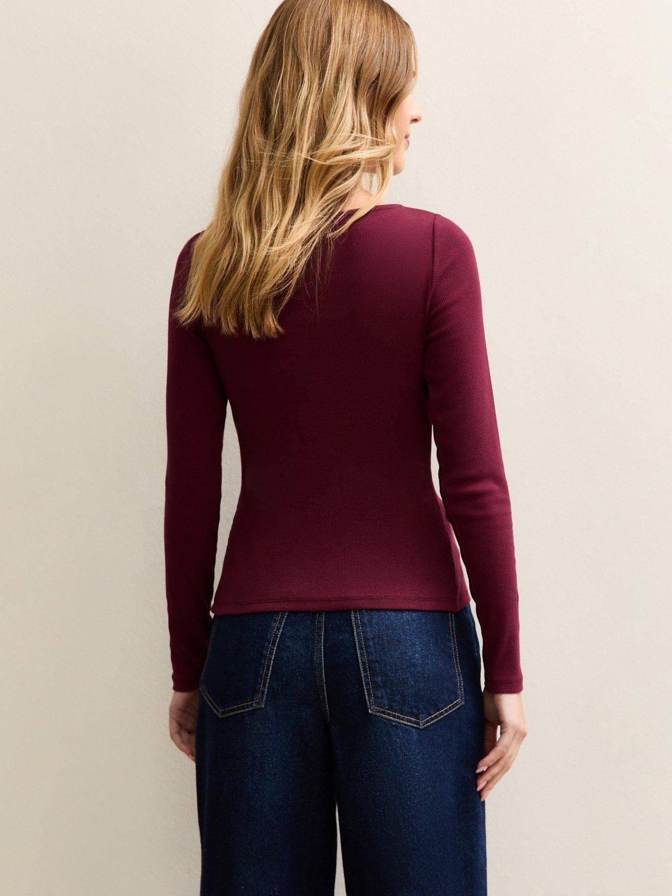 Image 2 of 5 of New Look Dark Burgundy Rib Button Up Long Sleeve Top