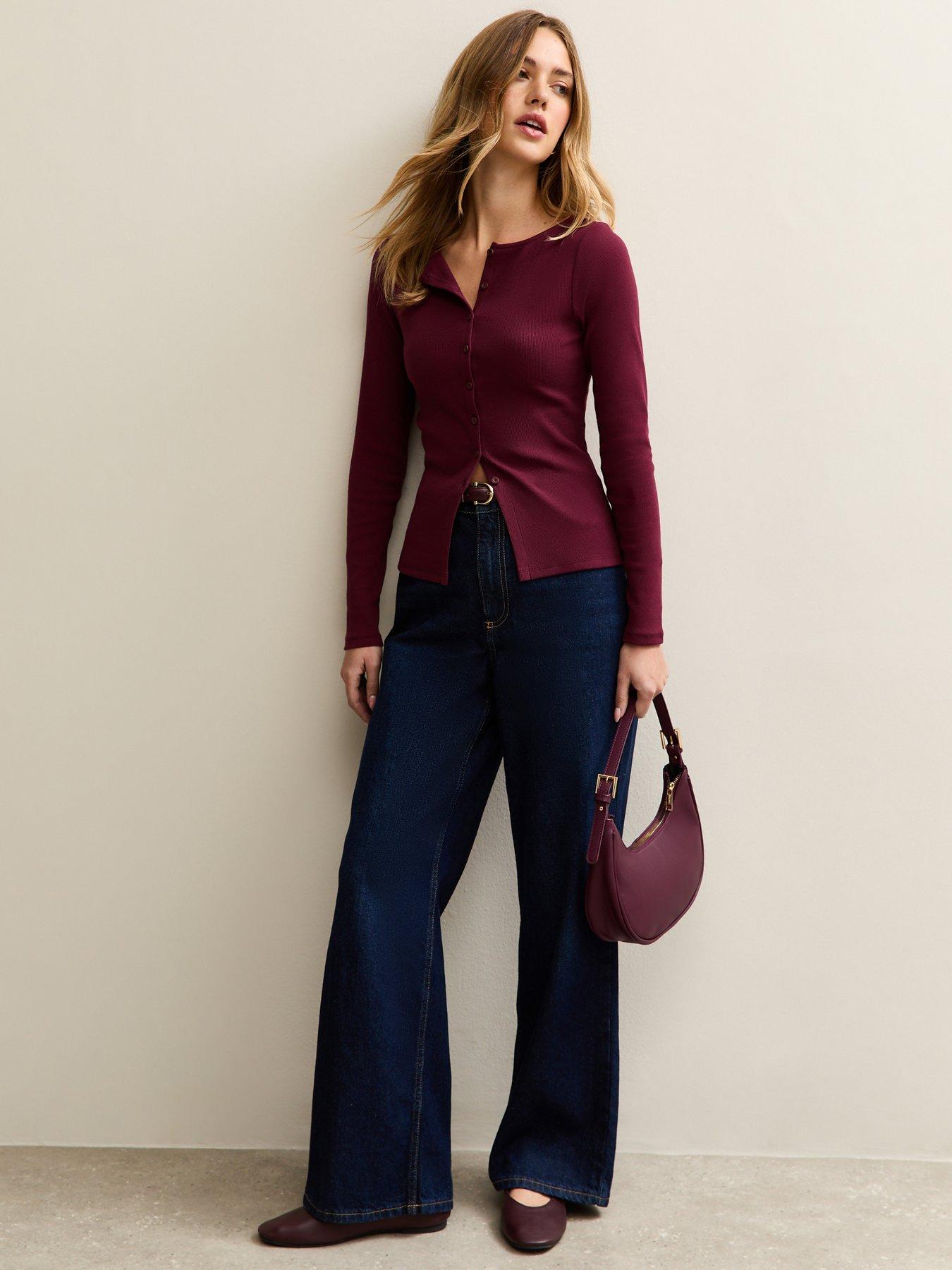 Image 3 of 5 of New Look Dark Burgundy Rib Button Up Long Sleeve Top