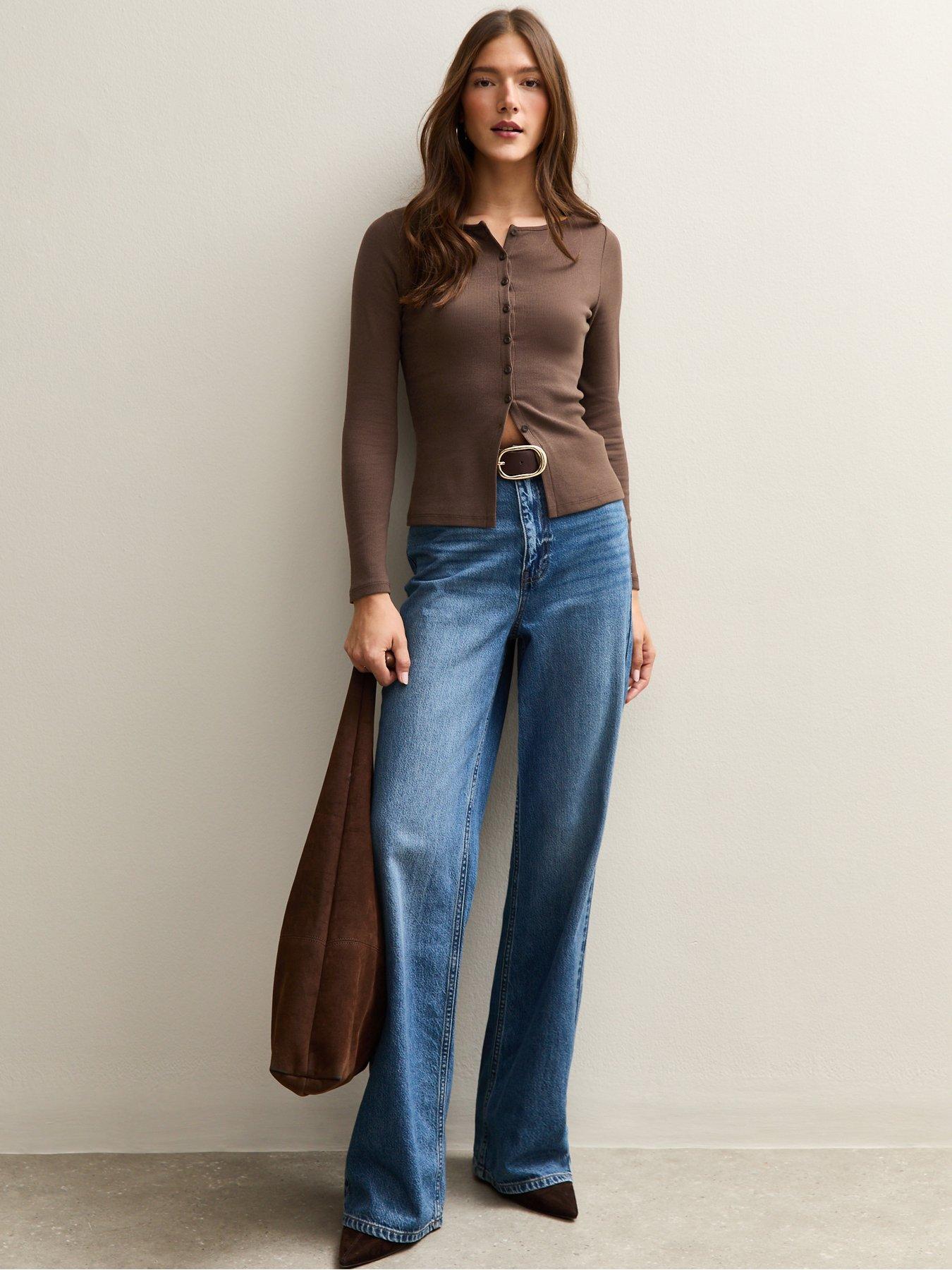 Image 3 of 6 of New Look Dark Brown Rib Button Up Long Sleeve Top