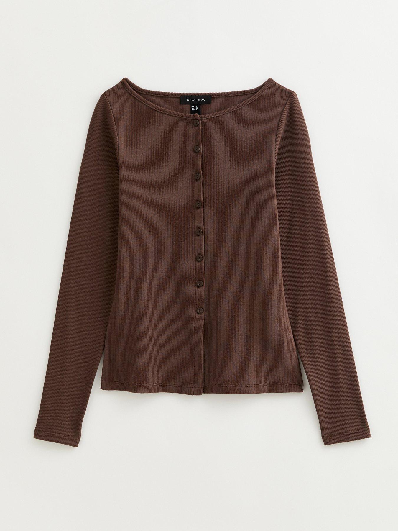 Image 5 of 6 of New Look Dark Brown Rib Button Up Long Sleeve Top