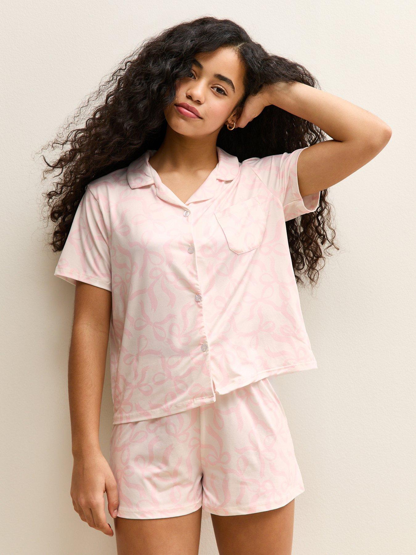 New Look 915 Girls Bow Short Sleeve Top And Shorts Pyjama Set - White