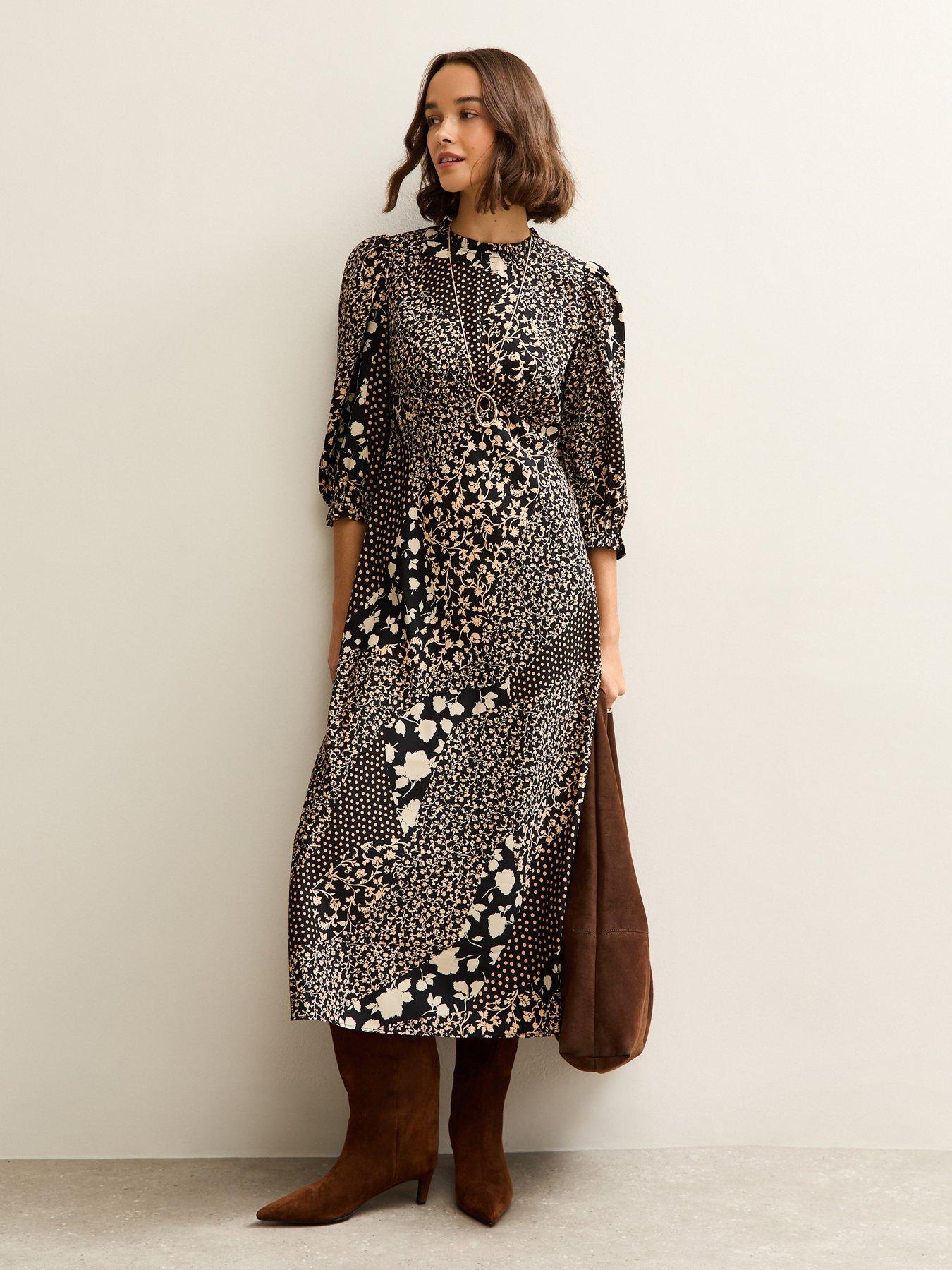 New Look Black Floral Patchwork Print Puff Sleeve Midi Dress