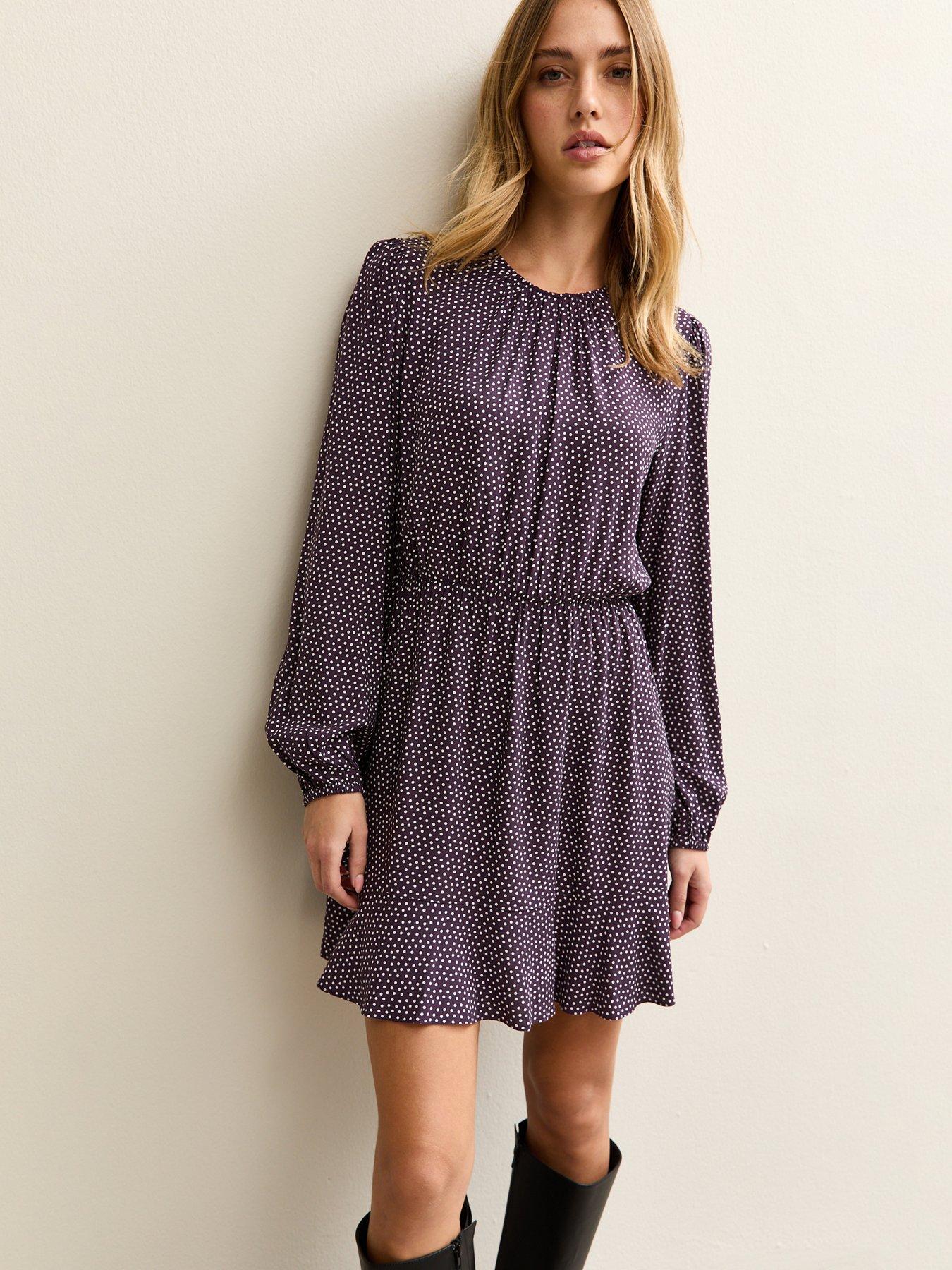New Look Spotty Flared Hem Mini Dress - Purple