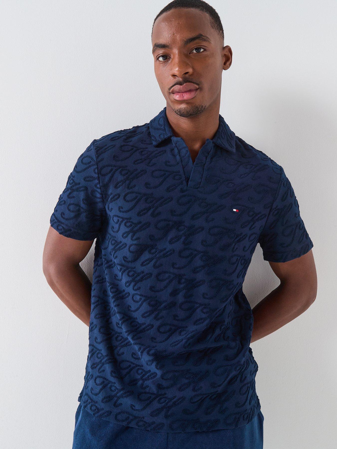 Tommy Hilfiger Open Collar Towel Flag Jacquard Polo Shirt - Navy