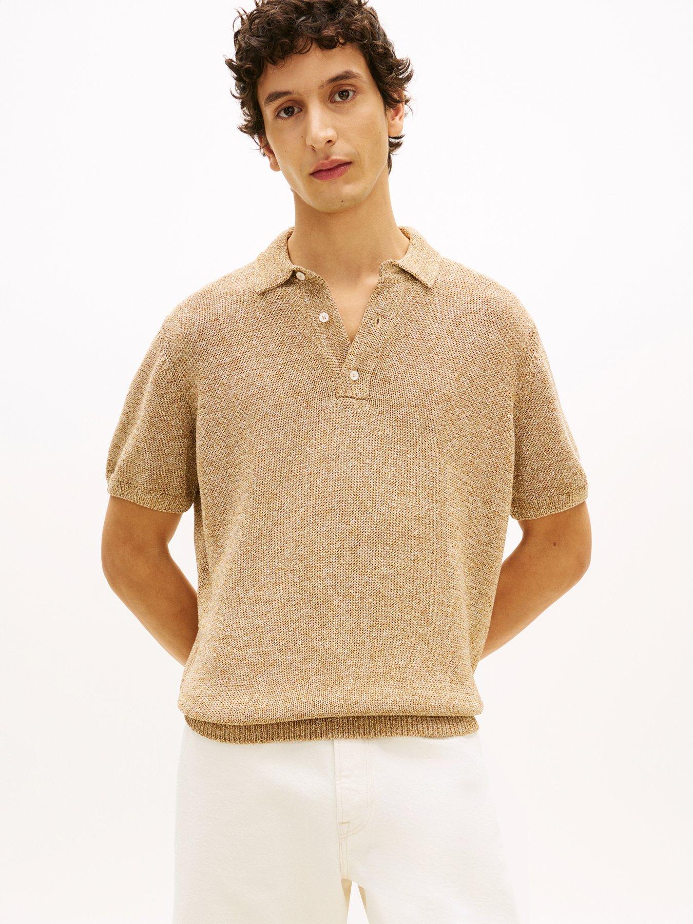 Tommy Hilfiger Open Collar Mouline Short Sleeve Polo Shirt, Beige, Size Xl, Men