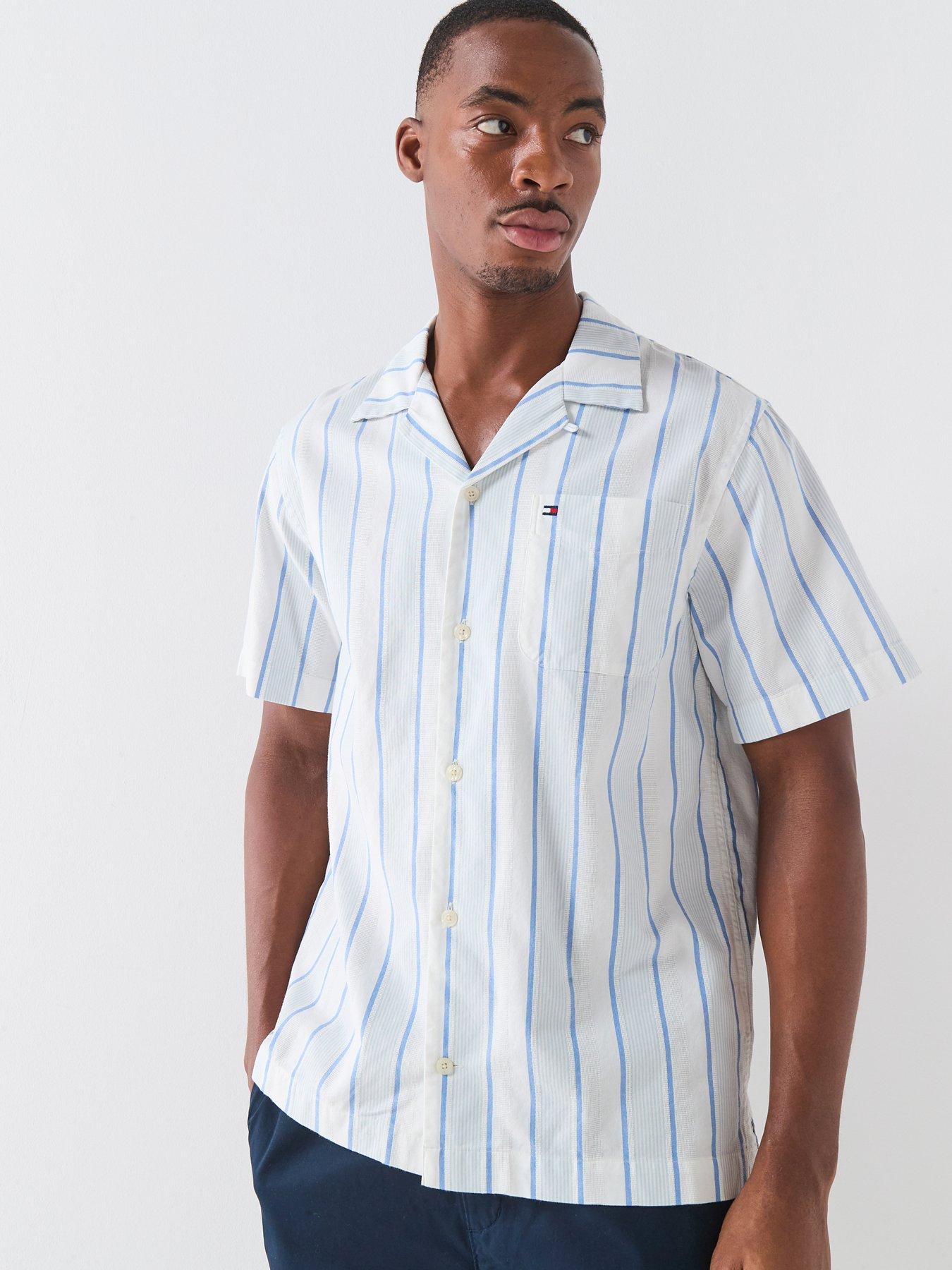 Tommy Hilfiger Open Collar Pastel Stripe Short Sleeve Shirt - Blue