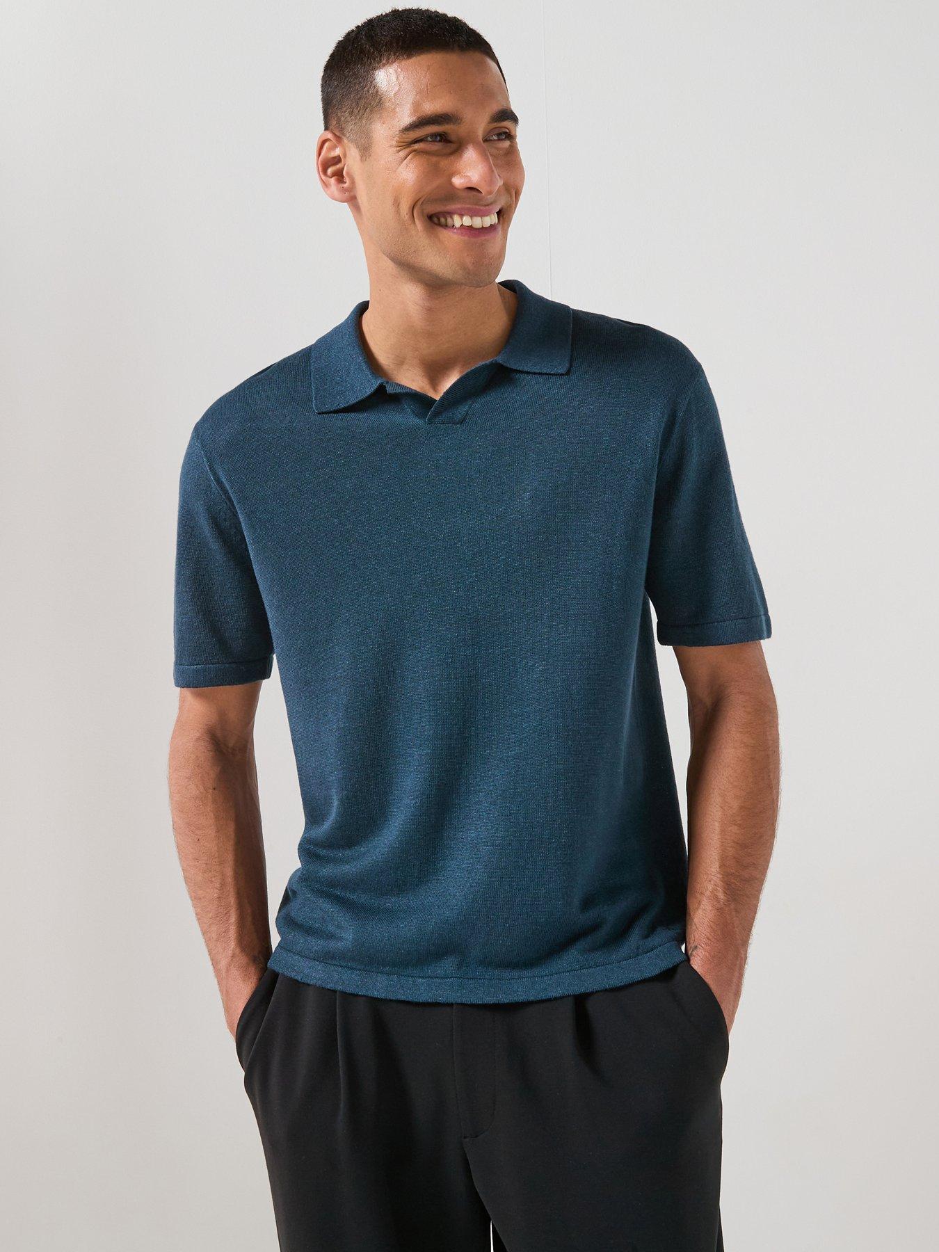 Calvin Klein Calvin Klein Open Collar Linen Blend Knitted Polo Shirt - Navy