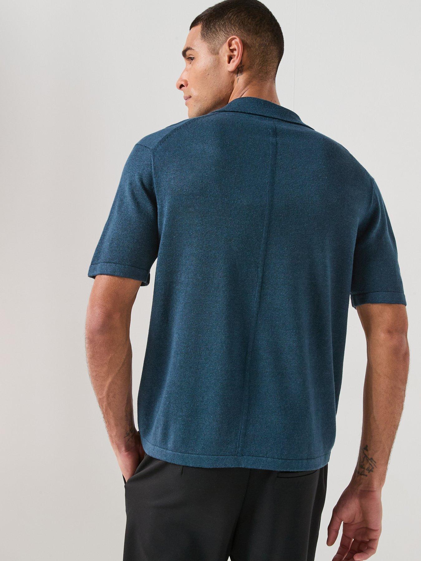 Image 2 of 6 of Calvin Klein Open Collar Linen Blend Knitted Polo Shirt - Navy