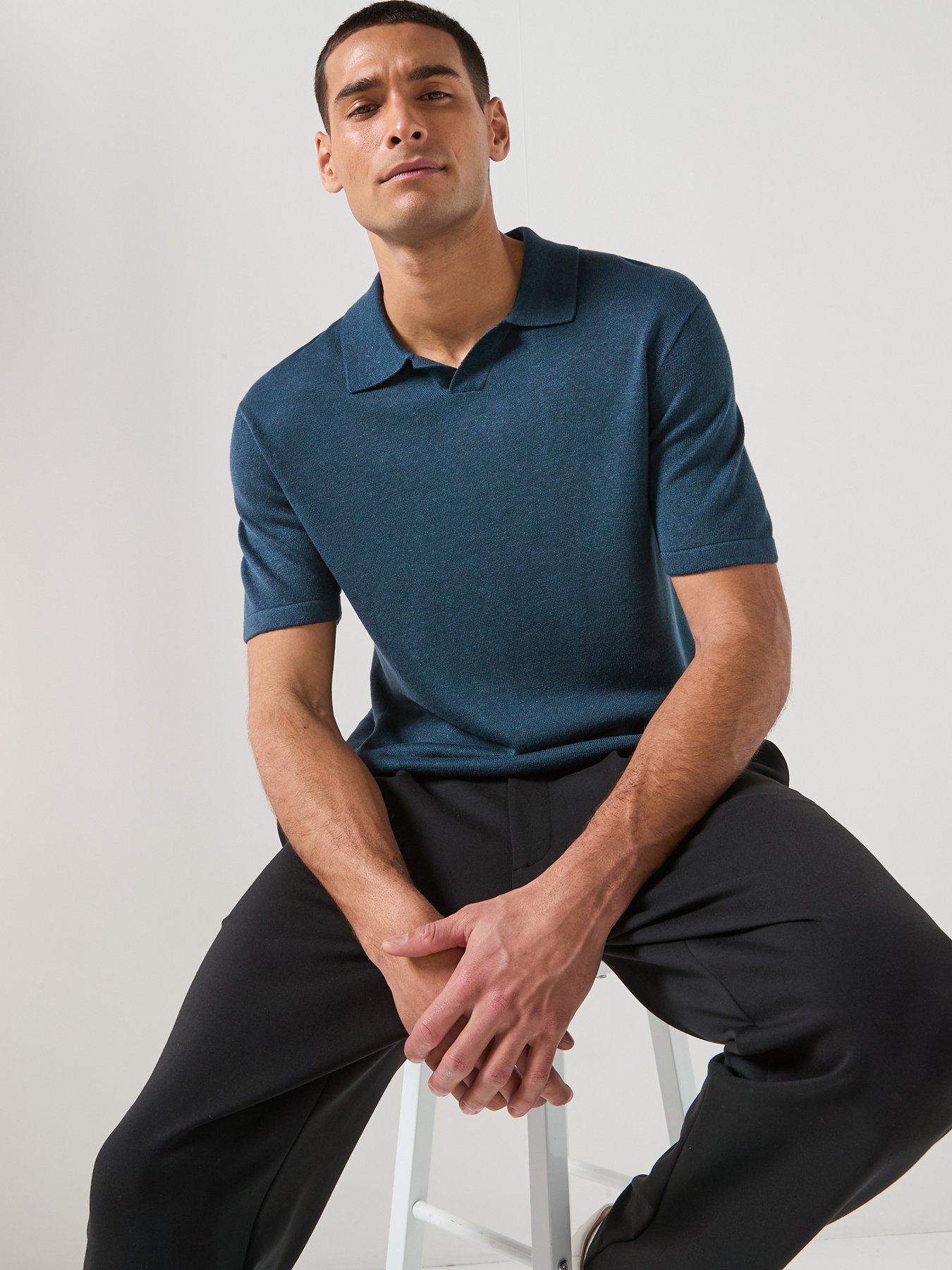 Image 4 of 6 of Calvin Klein Open Collar Linen Blend Knitted Polo Shirt - Navy