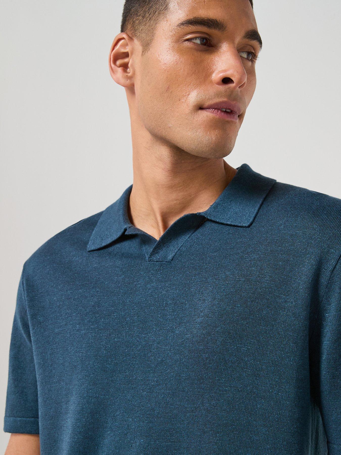 Image 5 of 6 of Calvin Klein Open Collar Linen Blend Knitted Polo Shirt - Navy