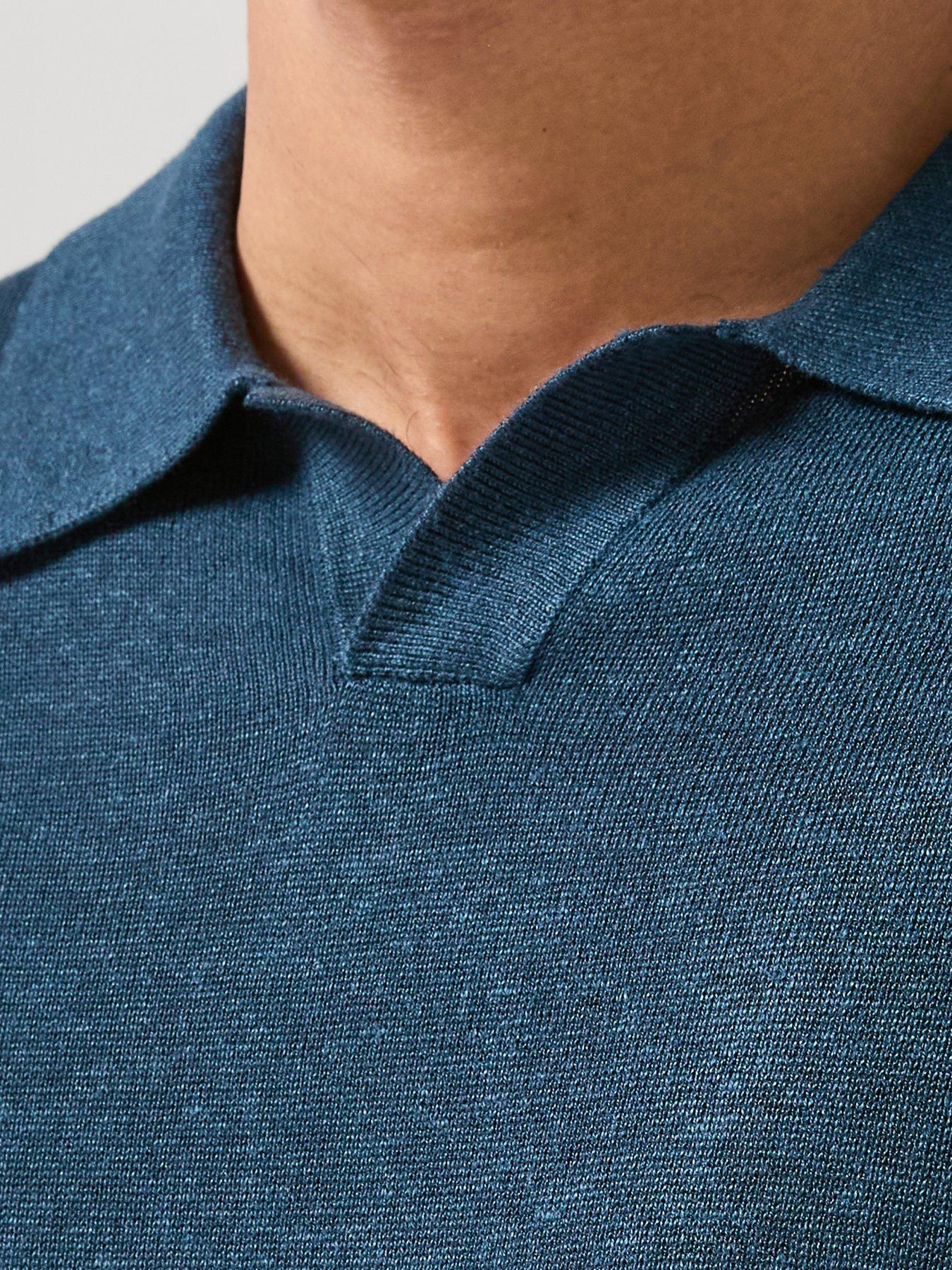 Image 6 of 6 of Calvin Klein Open Collar Linen Blend Knitted Polo Shirt - Navy