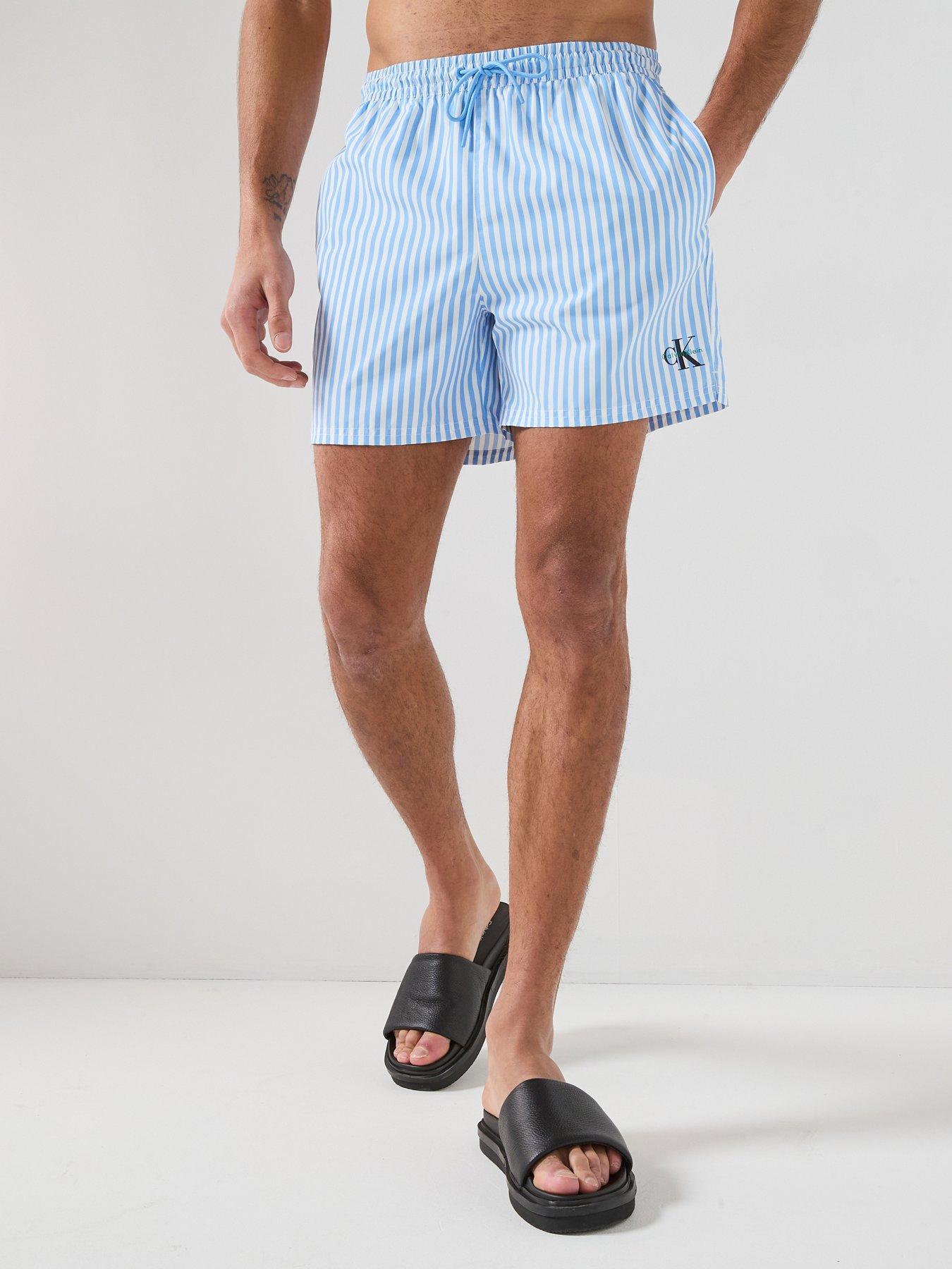 Calvin Klein Graphic Mono Logo Striped Medium Swim Shorts - Light Blue