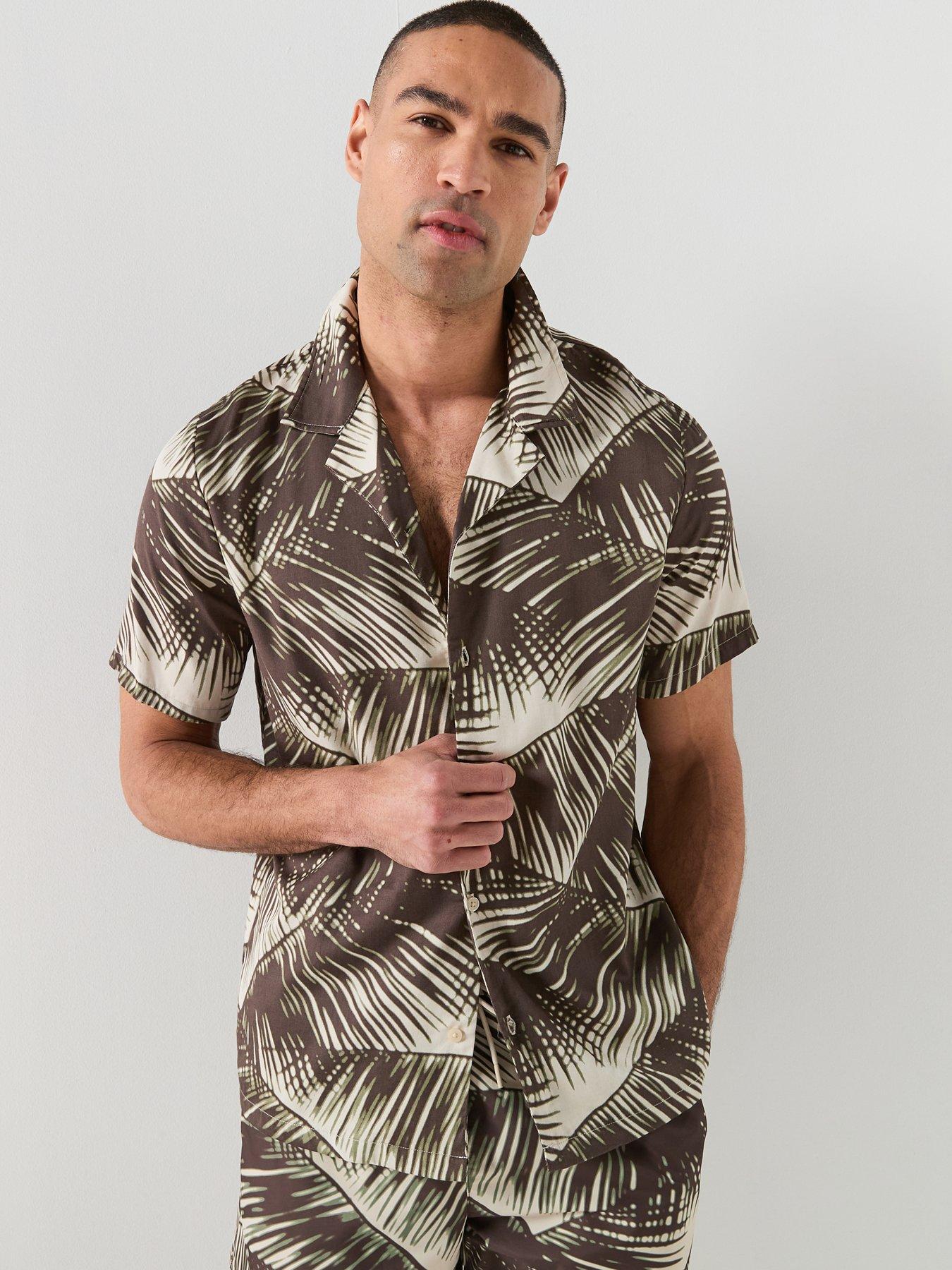 Calvin Klein: Essential Beach Palm Leaf Printed Short Sleeve Shirt - Brown