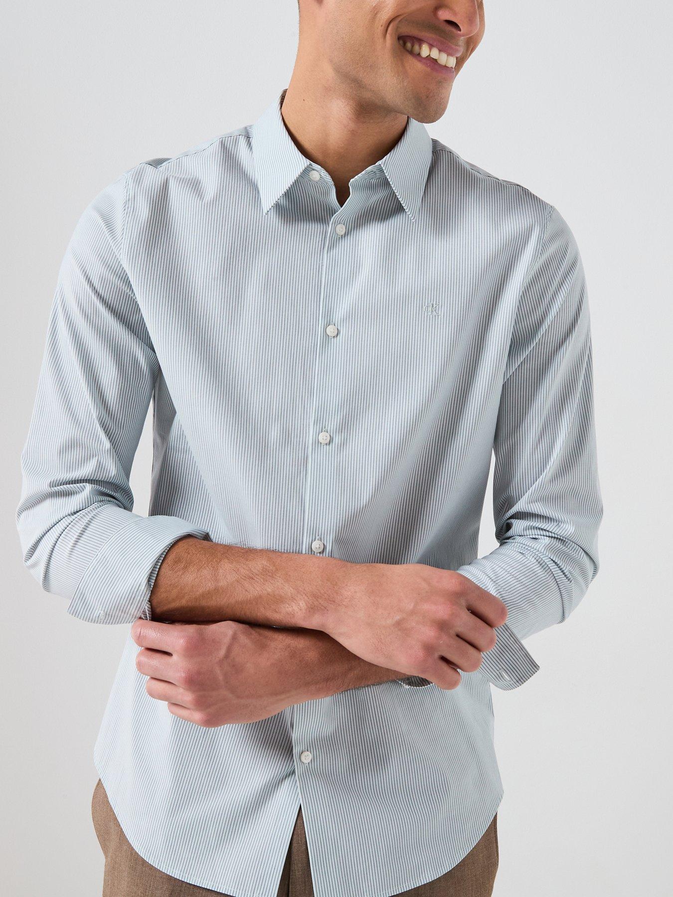 Image 5 of 6 of Calvin Klein Thin Stripe Stretch Slim Shirt - Light Blue