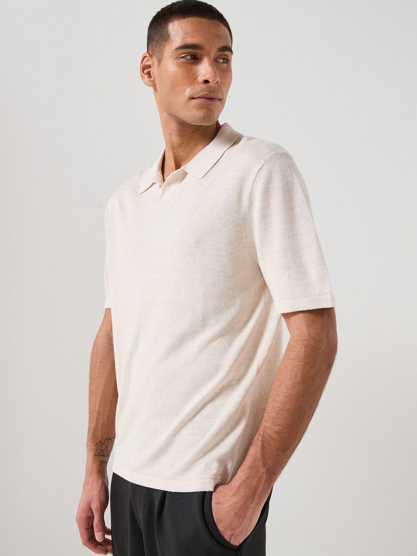 Calvin Klein Open Collar Linen Blend Knitted Polo Shirt - Light Beige