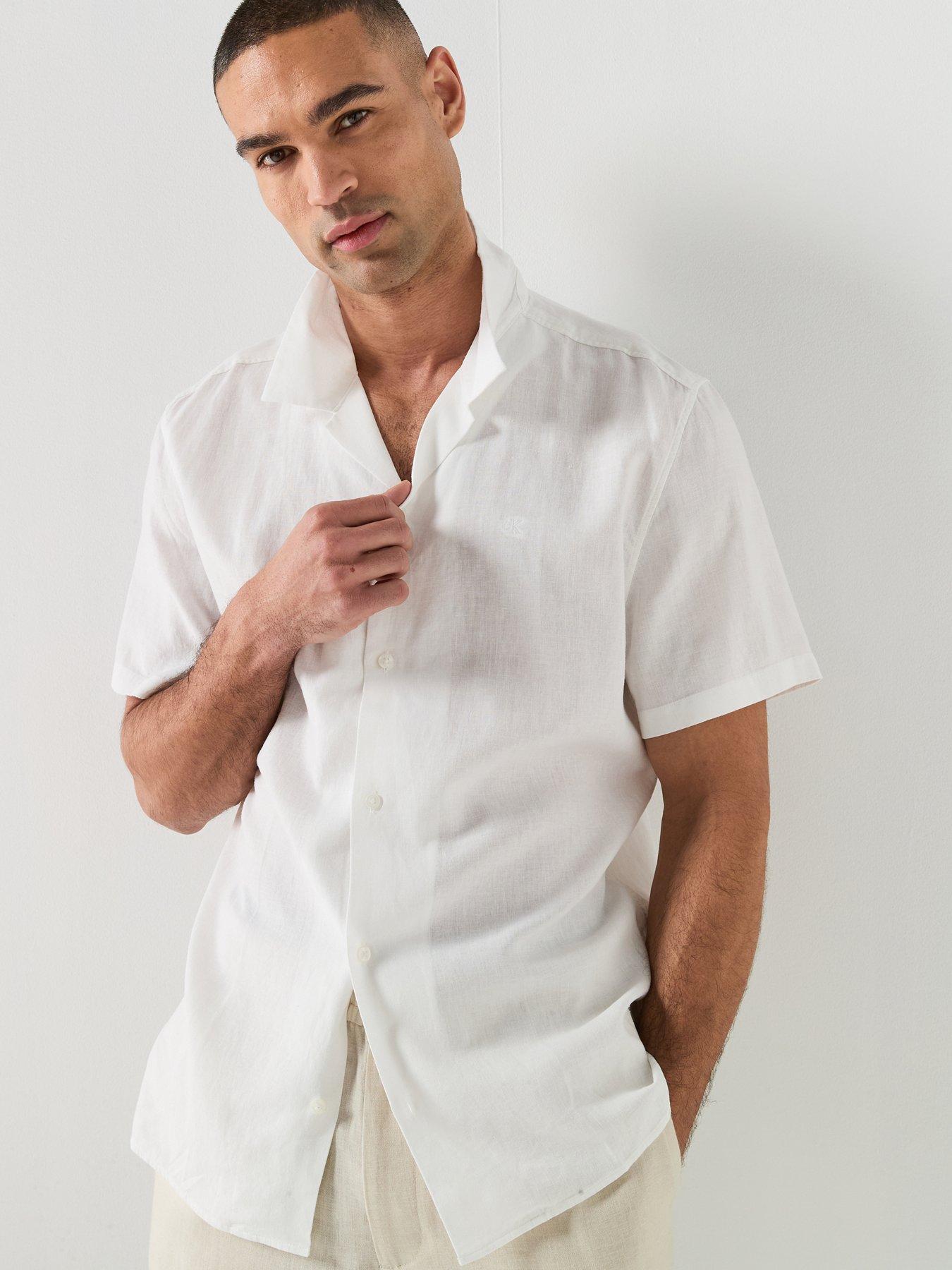 Calvin Klein Camp Collar Linen Short Sleeve Shirt - White