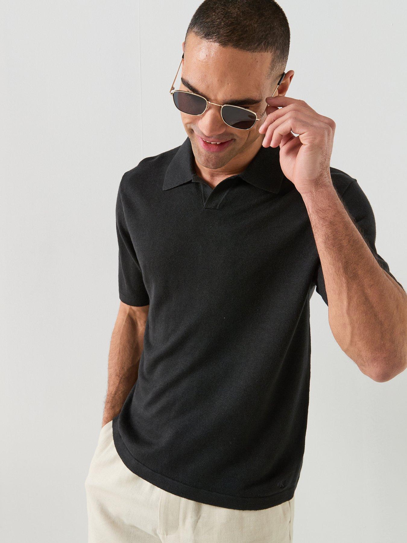Calvin Klein: Open Collar Linen Blend Knitted Polo Shirt - Black