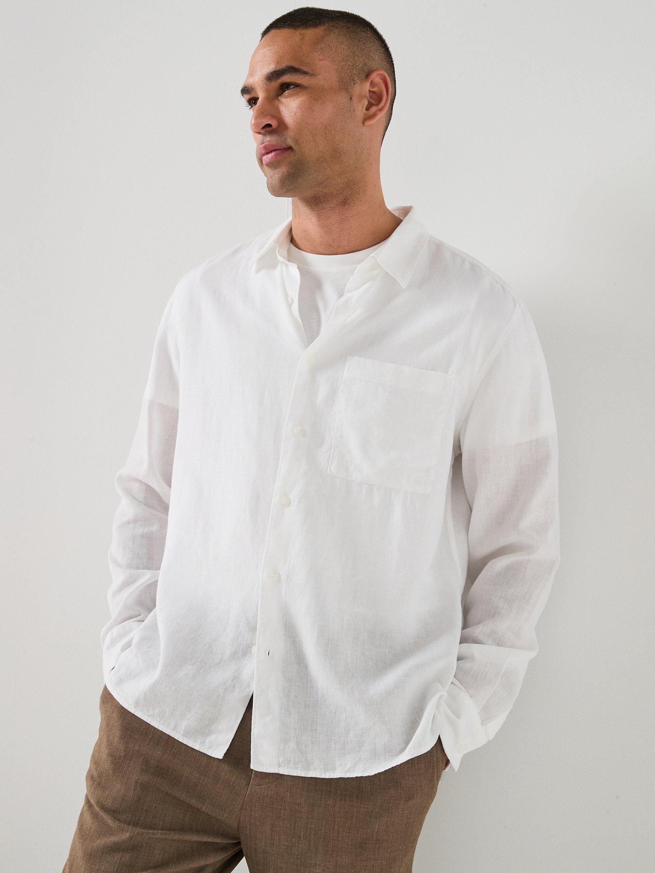 Image 1 of 6 of Calvin Klein Classic Linen Shirt - Plain White