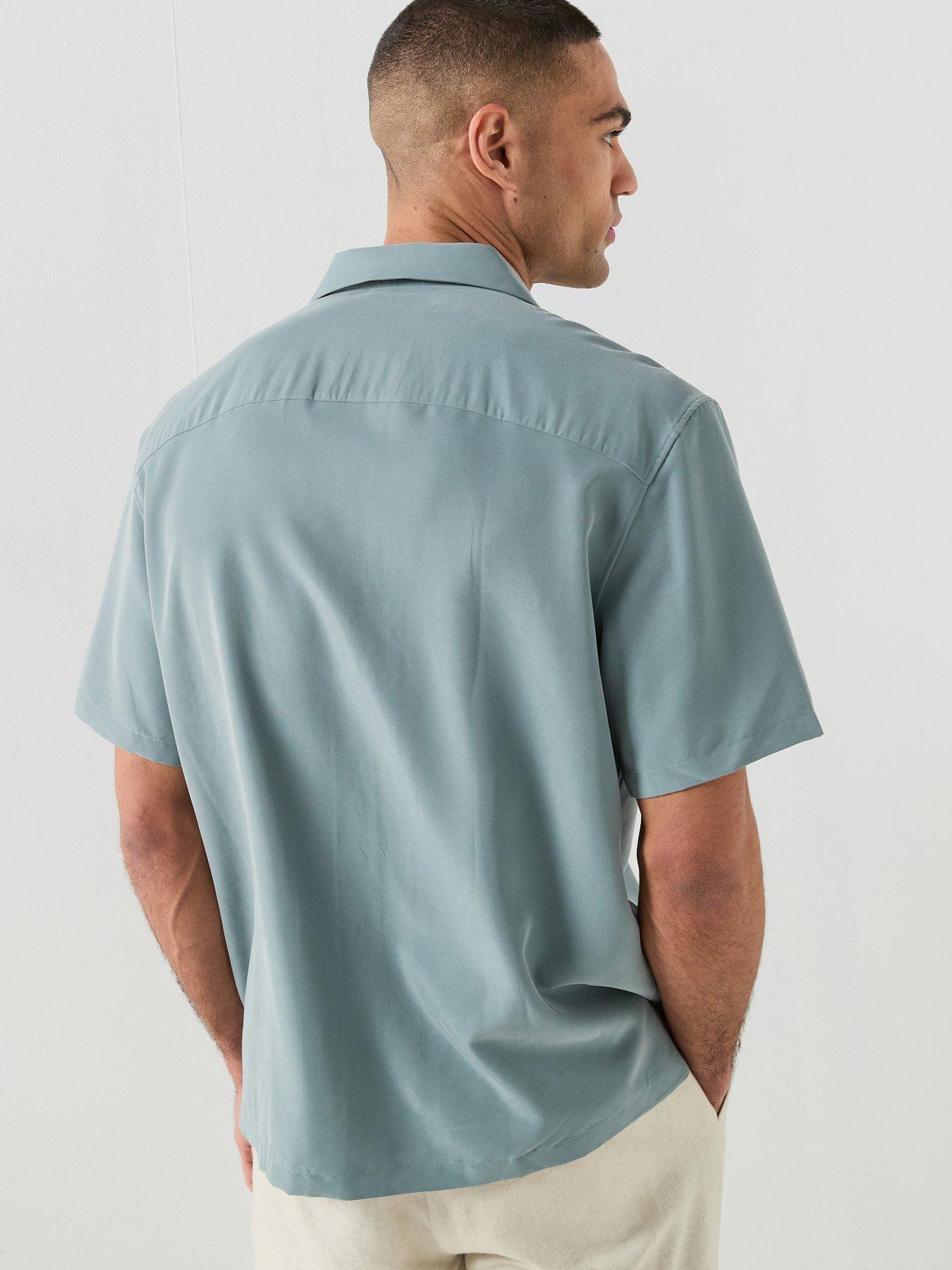 Image 2 of 6 of Calvin Klein Drapey Tencel Open Collar Short Sleeve Shirt - Blue