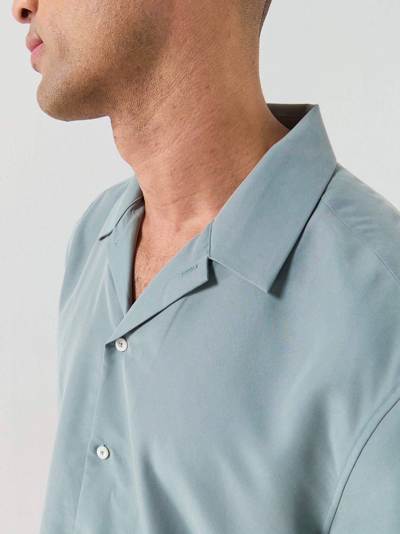 Image 4 of 6 of Calvin Klein Drapey Tencel Open Collar Short Sleeve Shirt - Blue