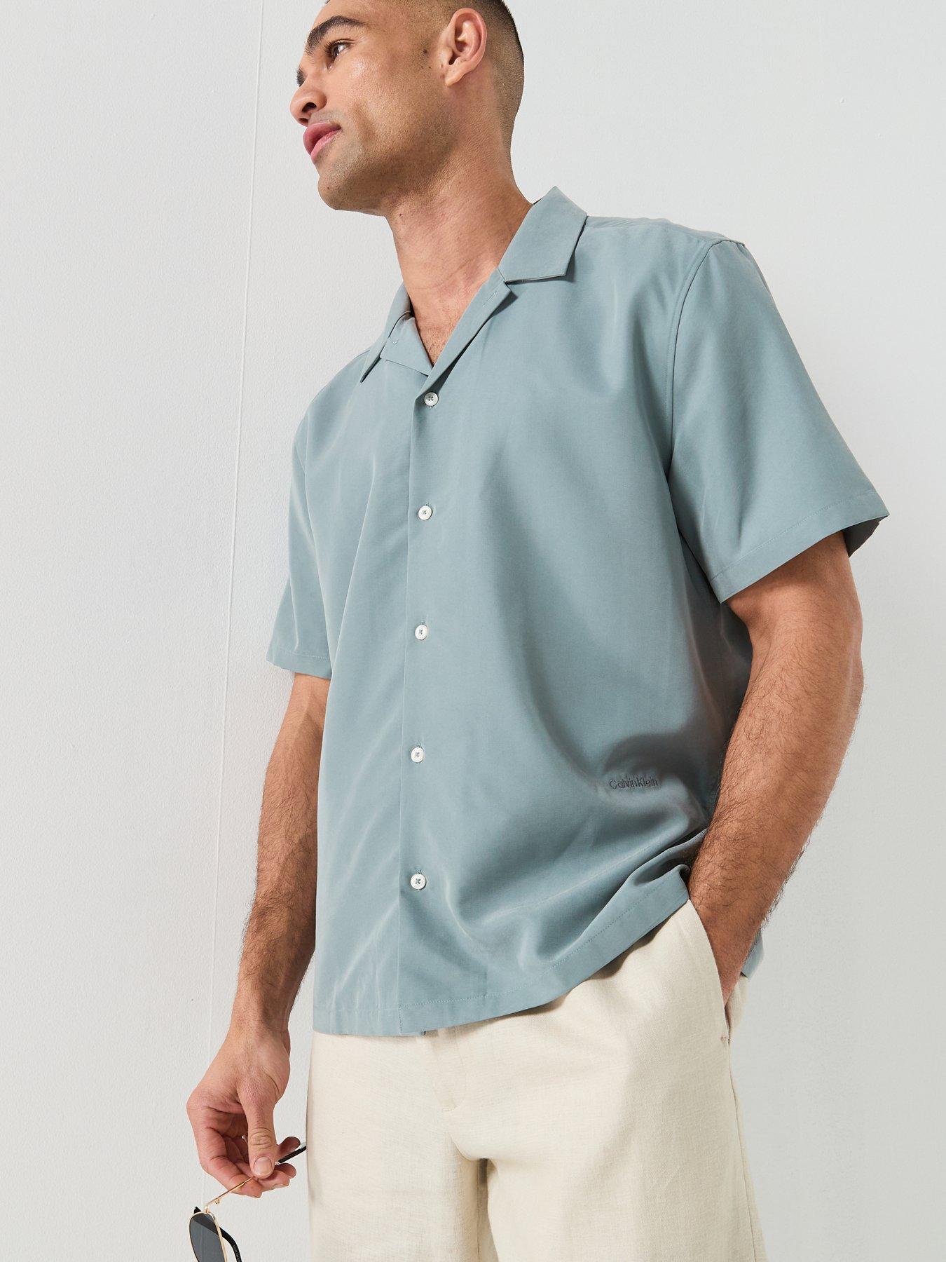 Image 5 of 6 of Calvin Klein Drapey Tencel Open Collar Short Sleeve Shirt - Blue