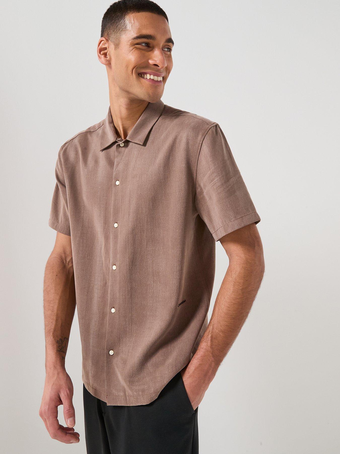 Calvin Klein Drapey Tencel Open Collar Short Sleeve Shirt - Brown
