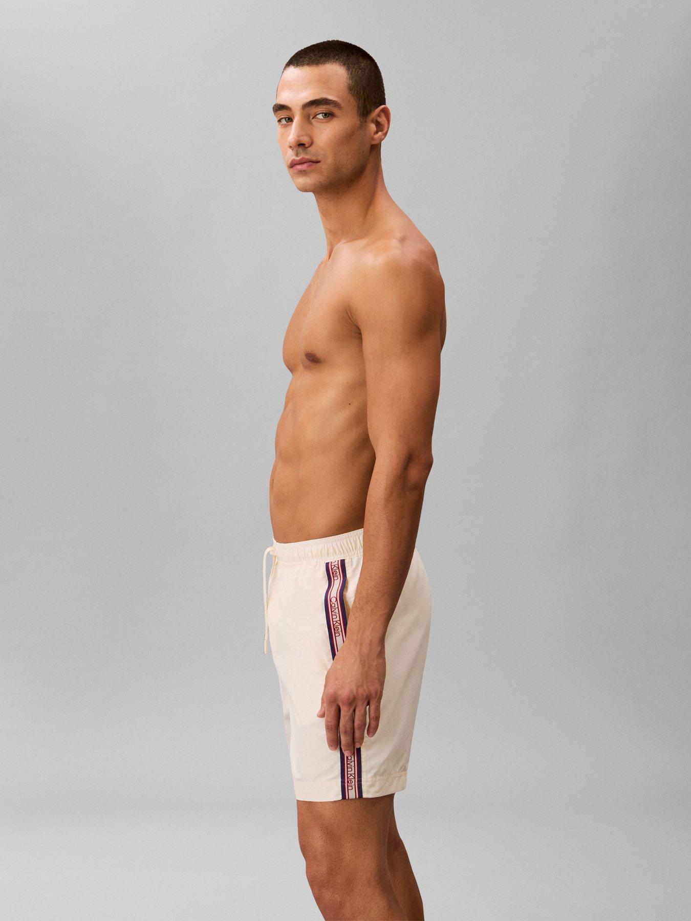 Image 3 of 4 of Calvin Klein Retro Sport Side Tape Logo Medium Swim Shorts - Beige