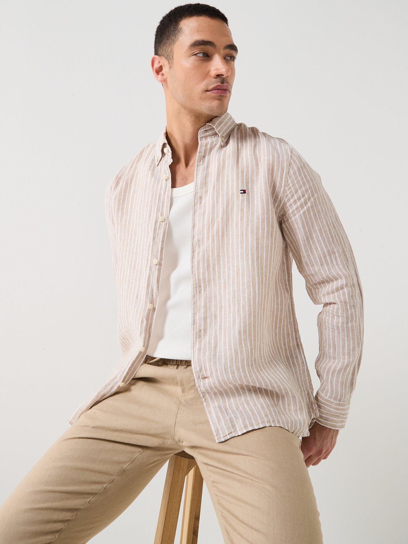 Image 1 of 6 of Tommy Hilfiger Bengal Stripe Linen Shirt - Light Beige