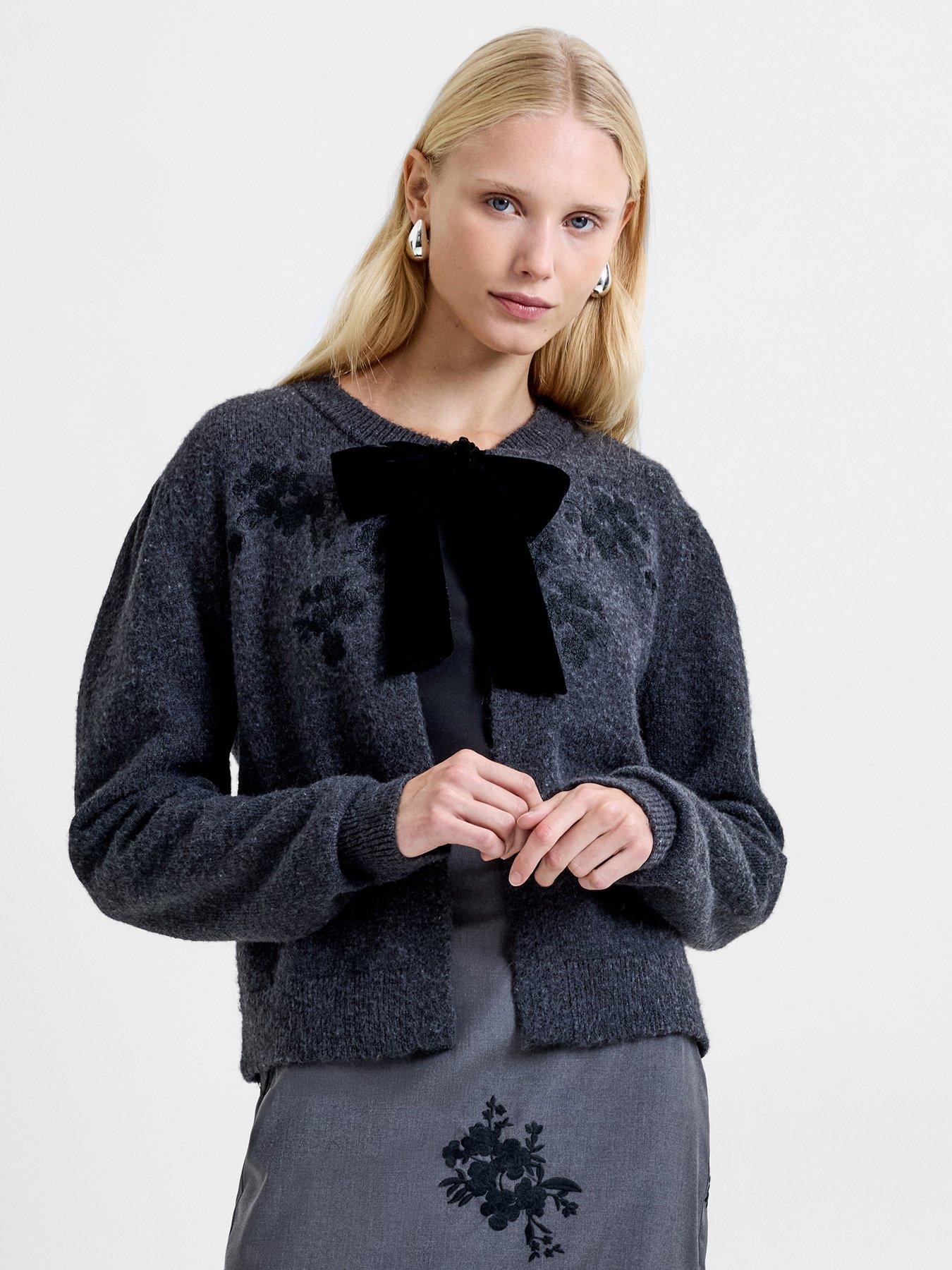 French Connection Knitted Long Sleeve Bow Open Cardigan - Black