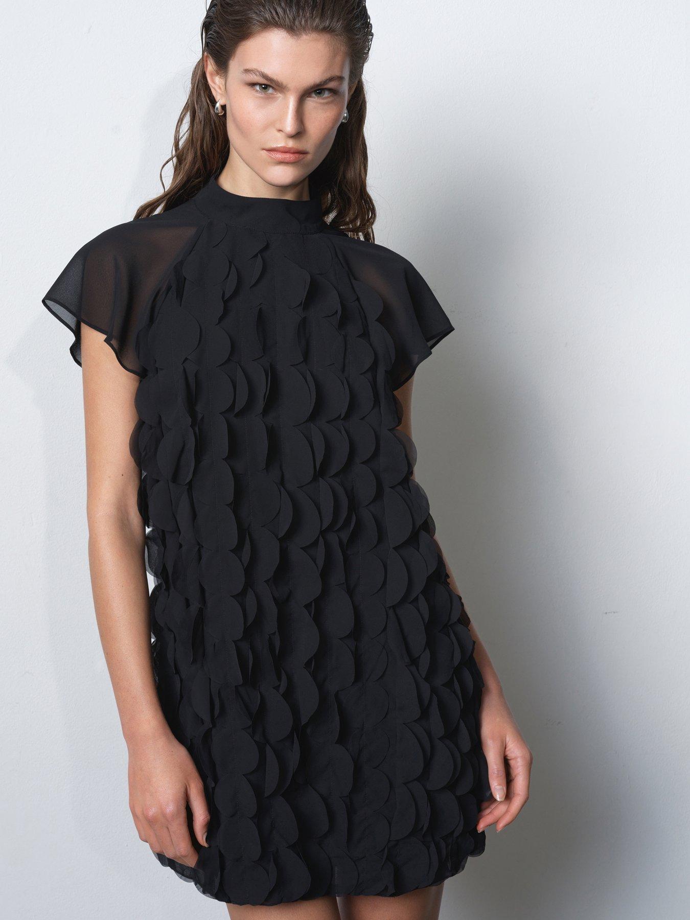 Mesh Applique High Neck Capped Sleeve Mini Dress - Black - BLACK - S