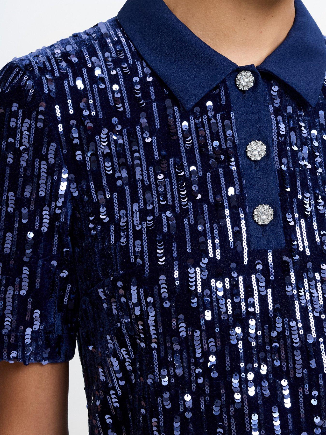 French Connection Velvet And Sequin Collared Button Short Sleeve Dress -  Blue | Very