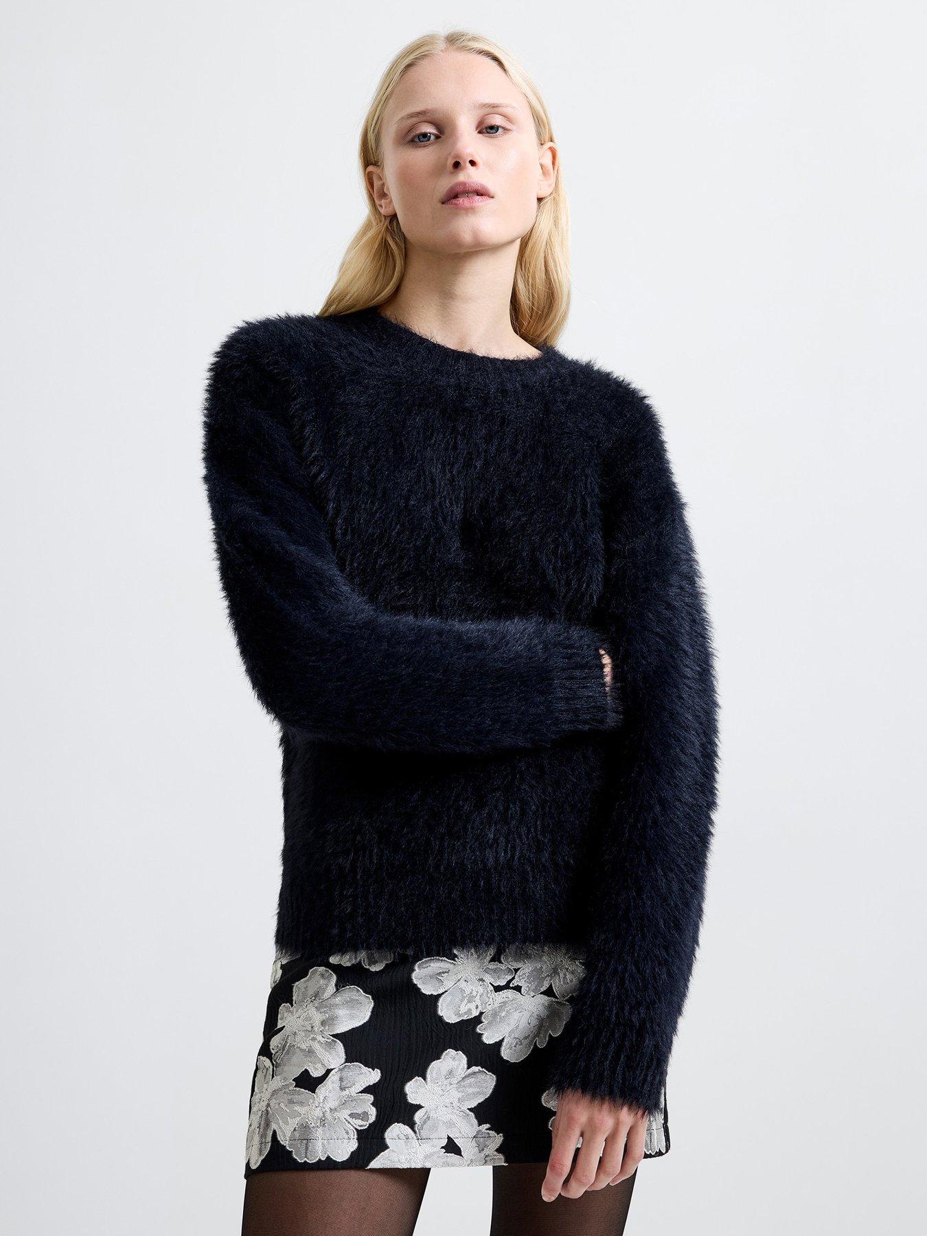 French Connection Faux Fur Crew Neck Long Sleeve Jumper - Black