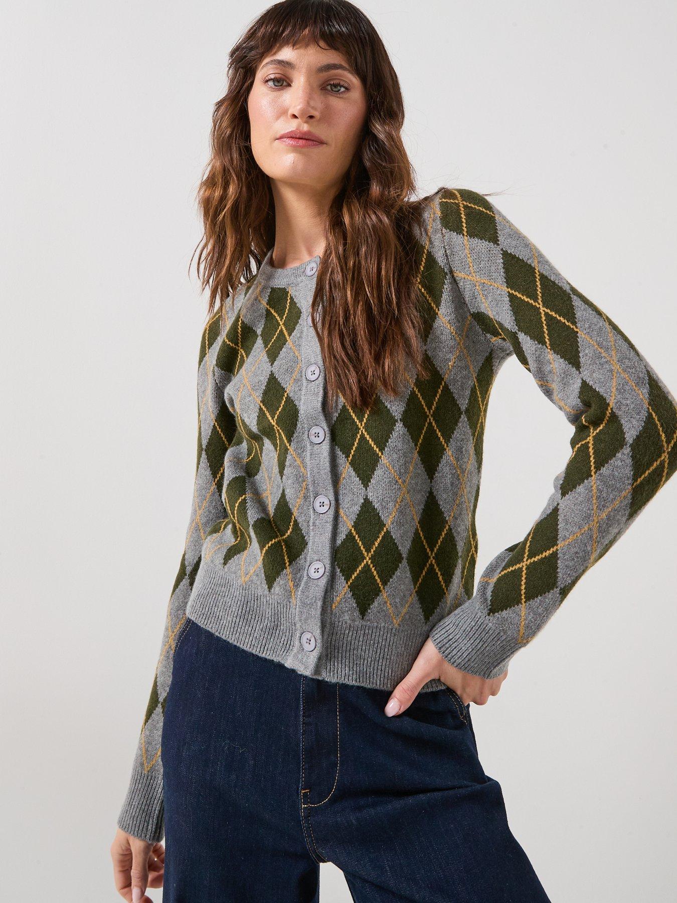 Vero Moda Sage Long Sleeve Argyle Knitted Cardigan - Grey
