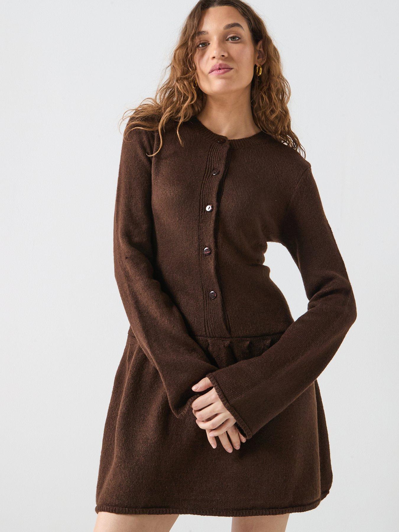 Vero Moda Evelina Long Sleeve Short Knitted Dress - Brown | Very