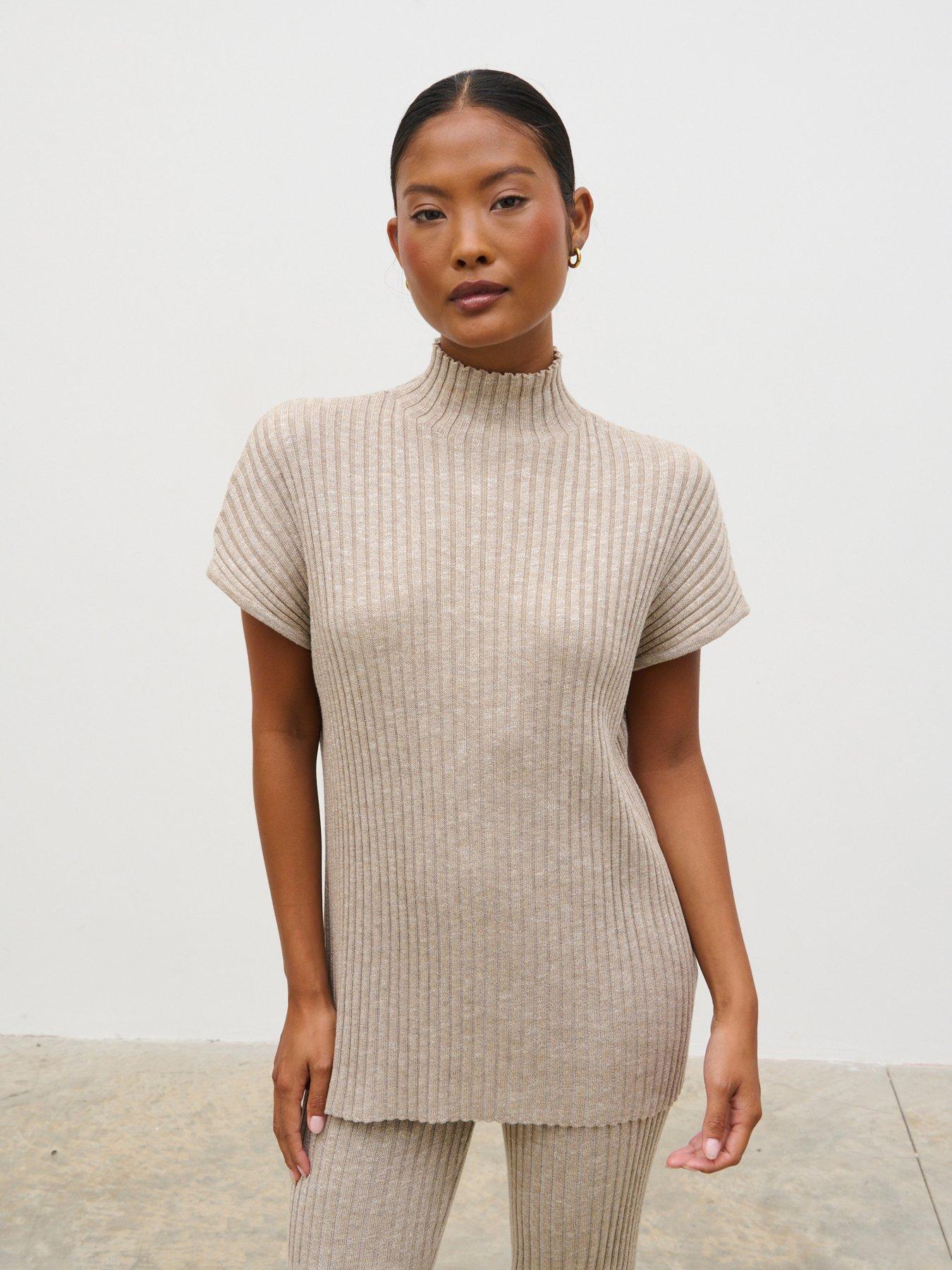 Pretty Lavish Dionne Short Sleeve Longline Knit Top - Brown