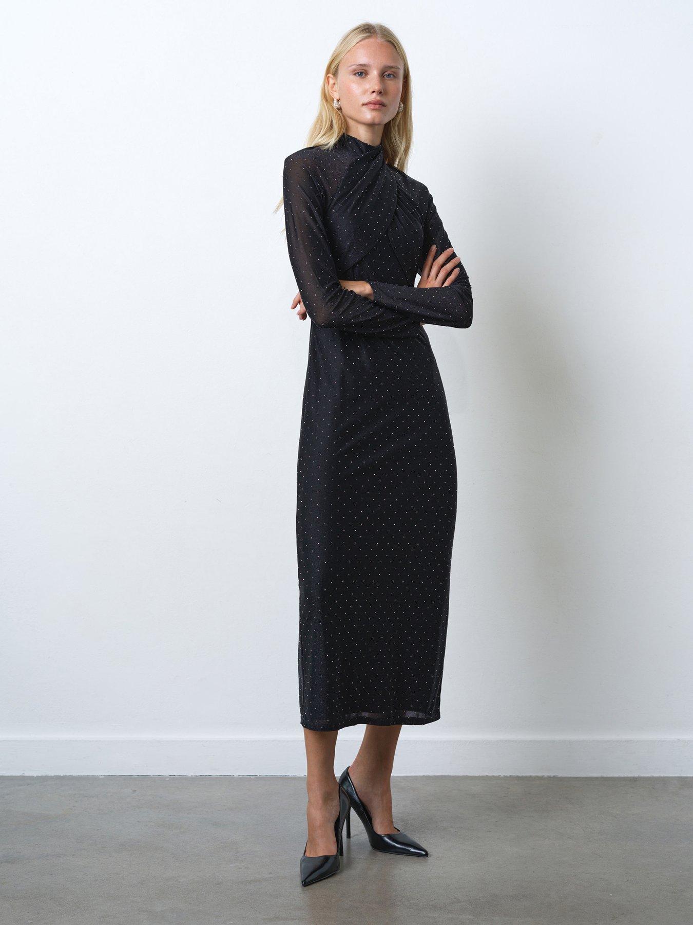 French Connection Diamante High Neck Wrap Over Long Sleeve Jersey Midi Dress - Black