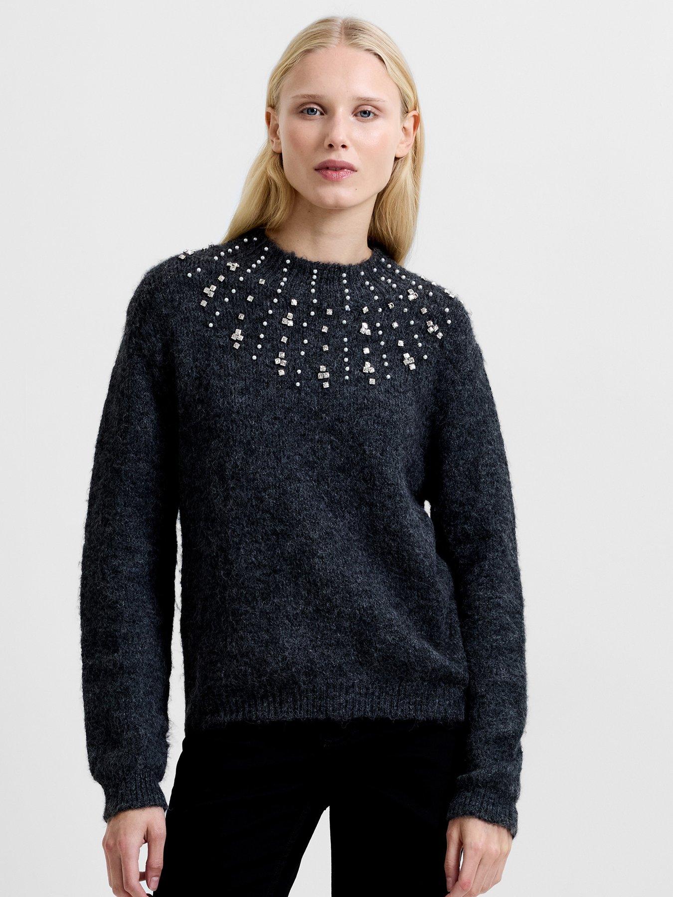 French Connection Embellished High Neck Long Sleeve Cosy Jumper - Grey