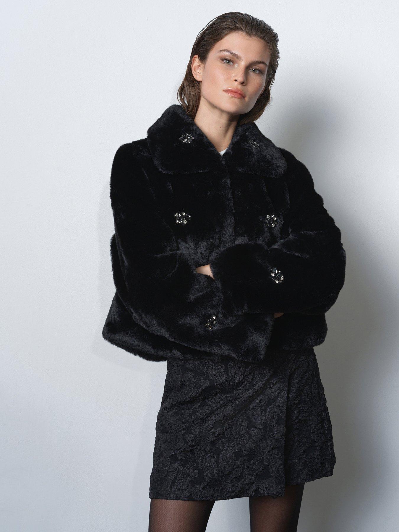 French Connection Faux Fur Embellished Collared Short Coat - Black