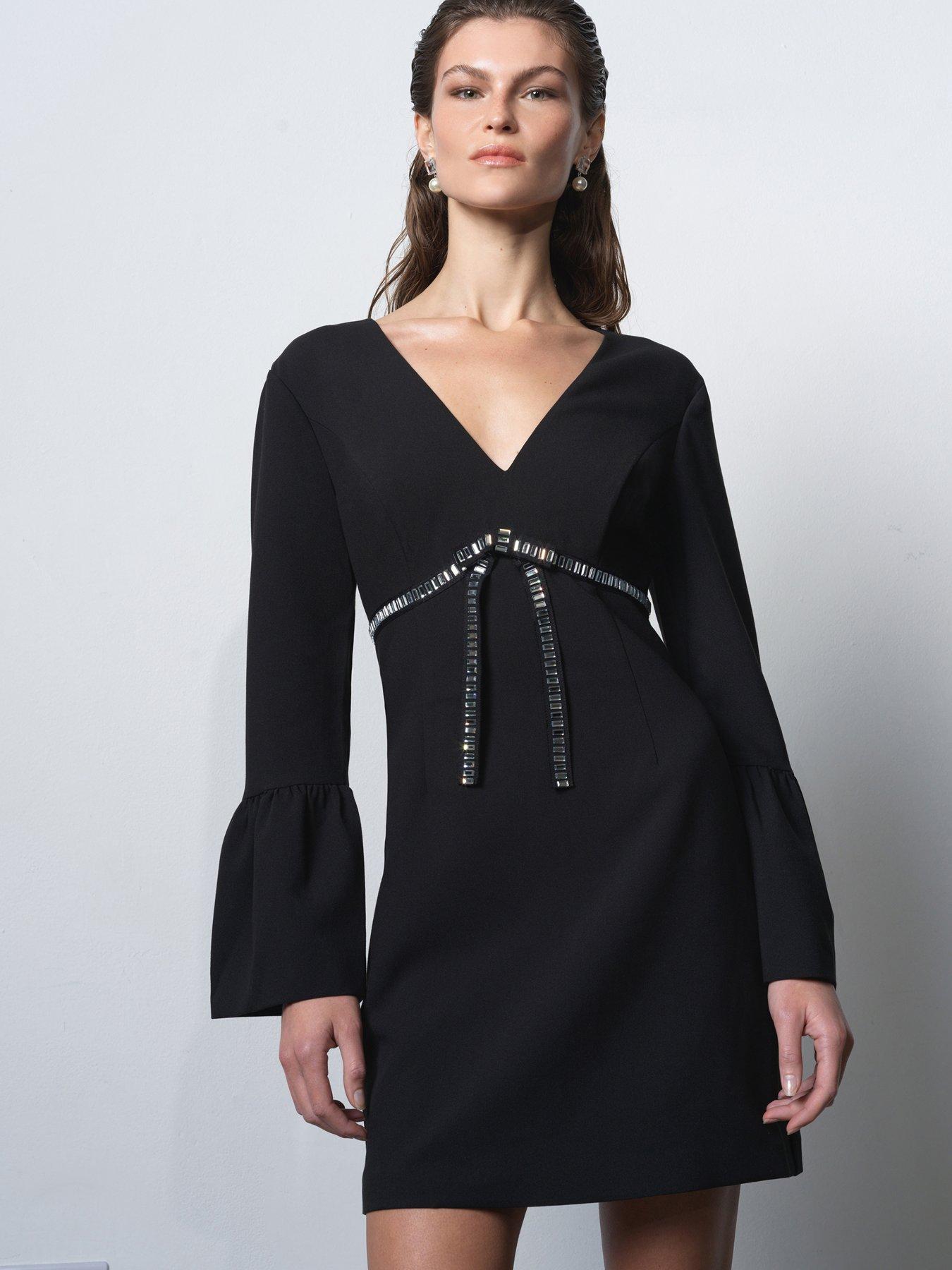 French Connection V-Neck Diamante Bow Long Bell Sleeve Mini Twill Dress - Black