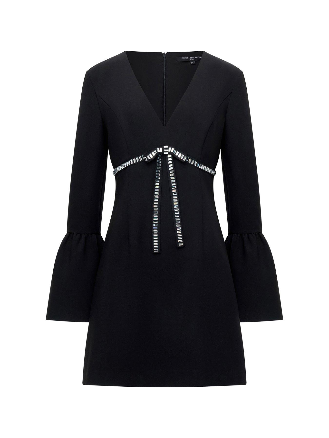 French Connection V-Neck Diamante Bow Long Bell Sleeve Mini Twill Dress -  Black | Very